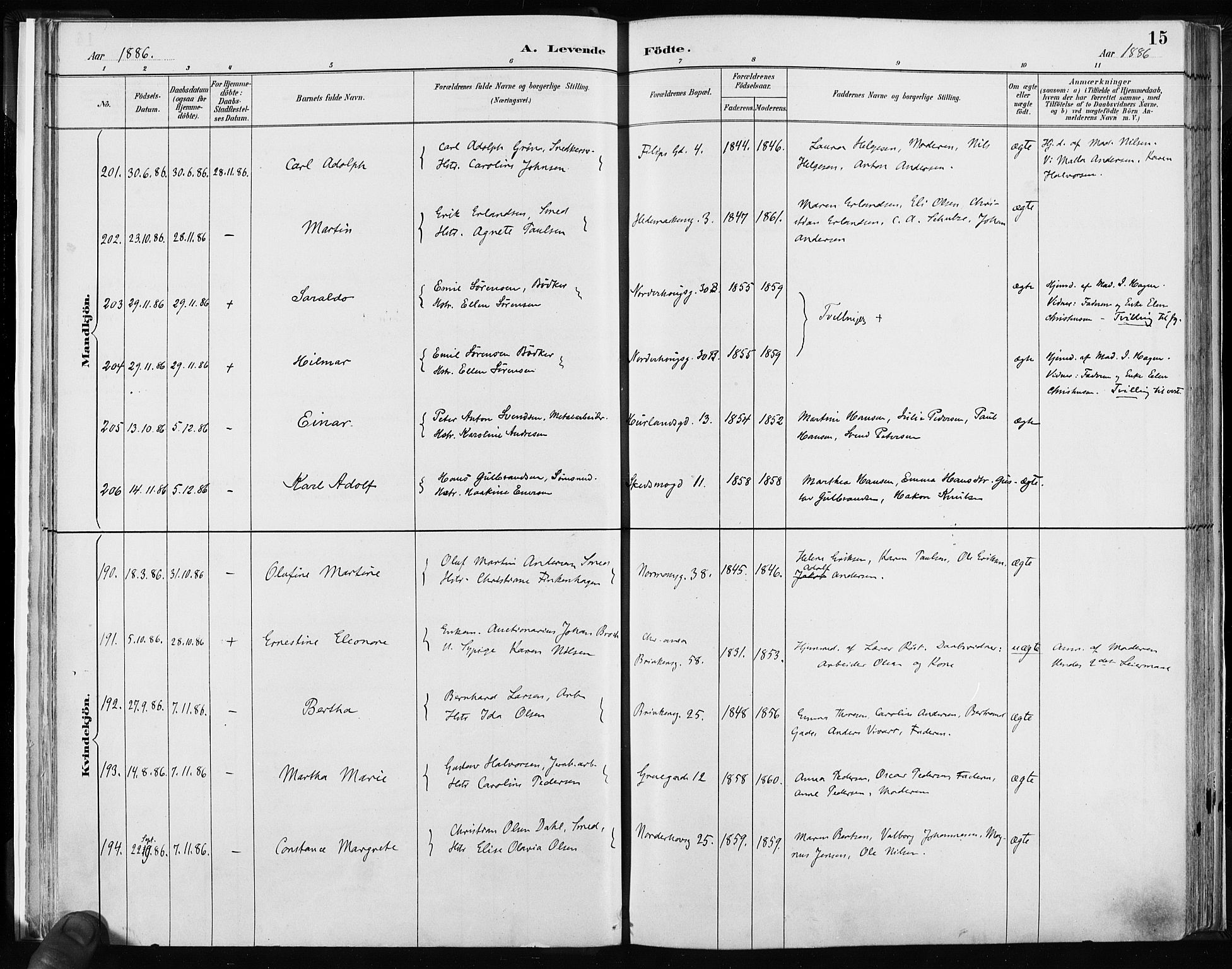 Kampen prestekontor Kirkebøker, AV/SAO-A-10853/F/Fa/L0003: Parish register (official) no. I 3, 1886-1892, p. 15