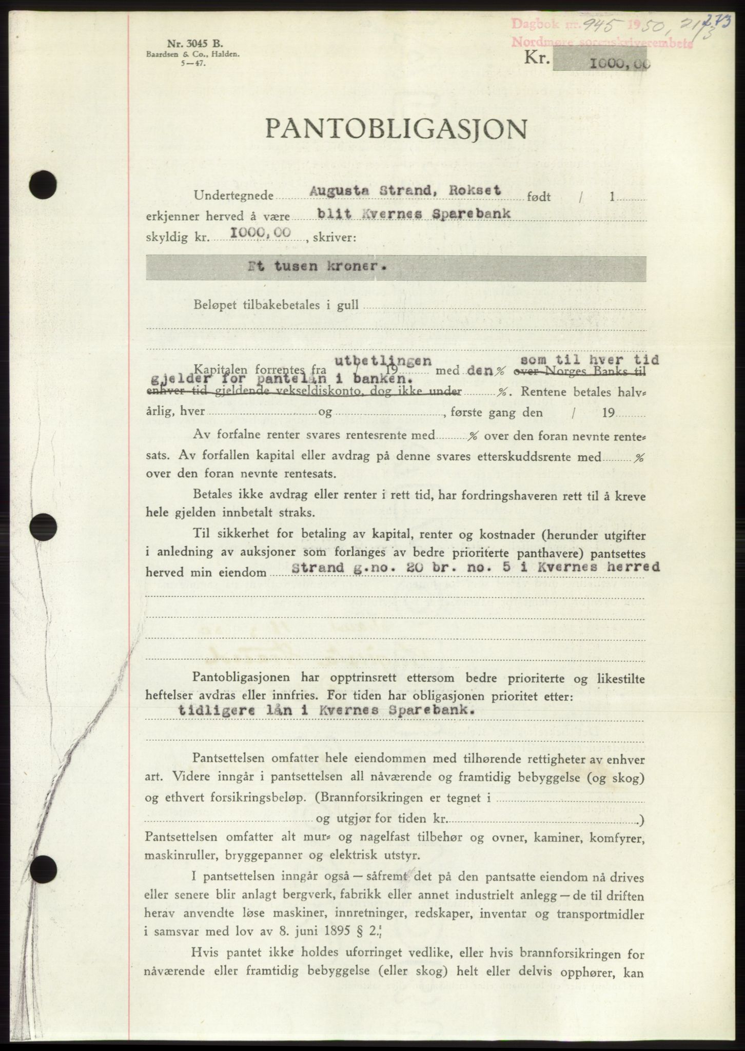 Nordmøre sorenskriveri, AV/SAT-A-4132/1/2/2Ca: Mortgage book no. B104, 1950-1950, Diary no: : 945/1950