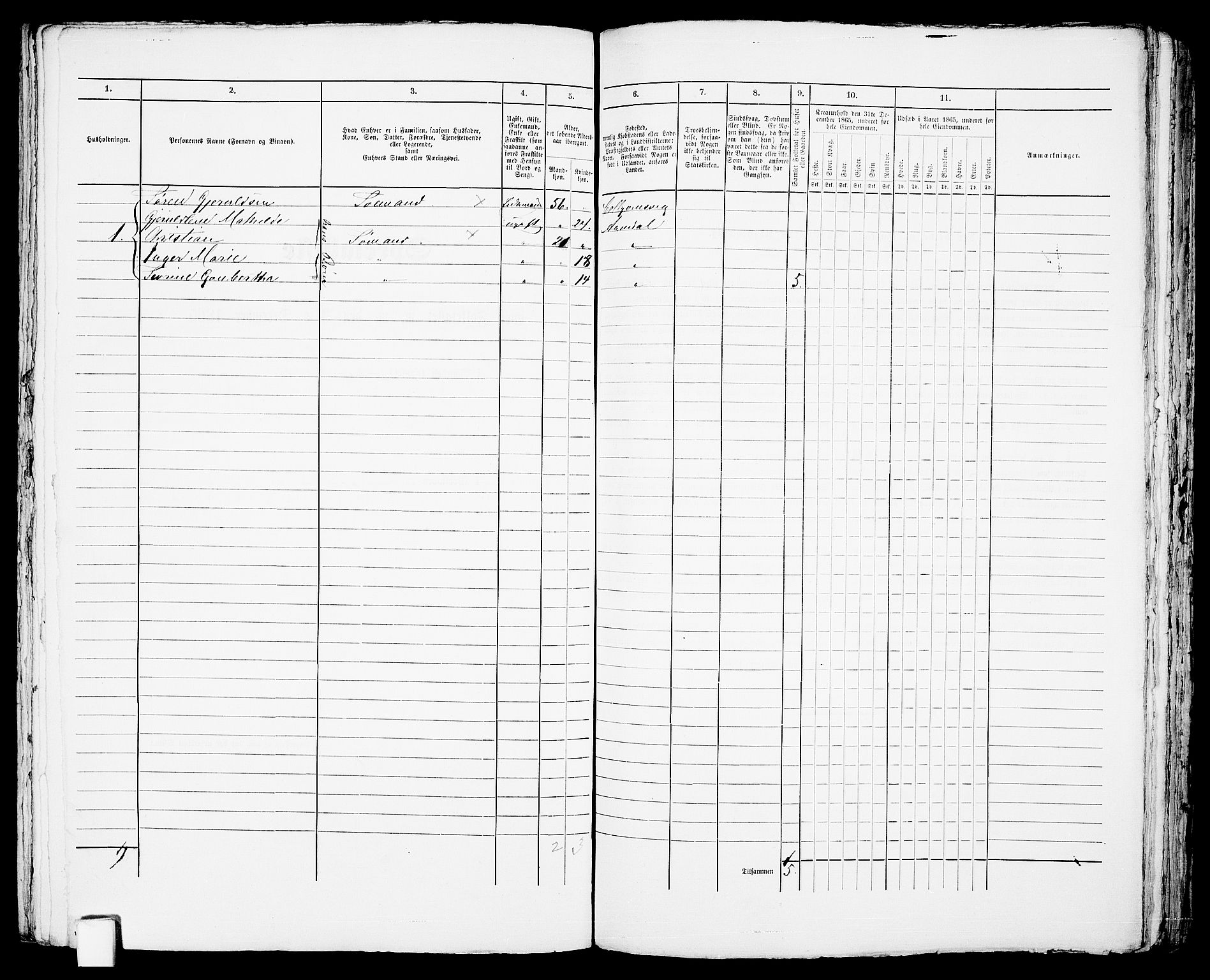 RA, 1865 census for Arendal, 1865, p. 180