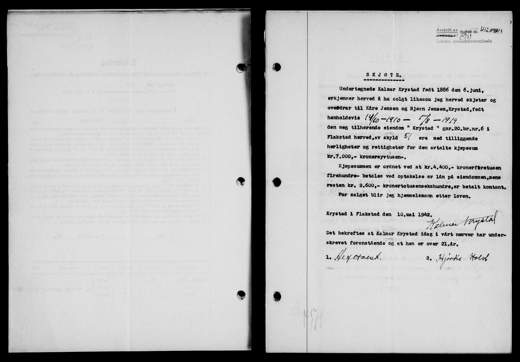Lofoten sorenskriveri, SAT/A-0017/1/2/2C/L0011a: Mortgage book no. 11a, 1943-1943, Diary no: : 412/1943