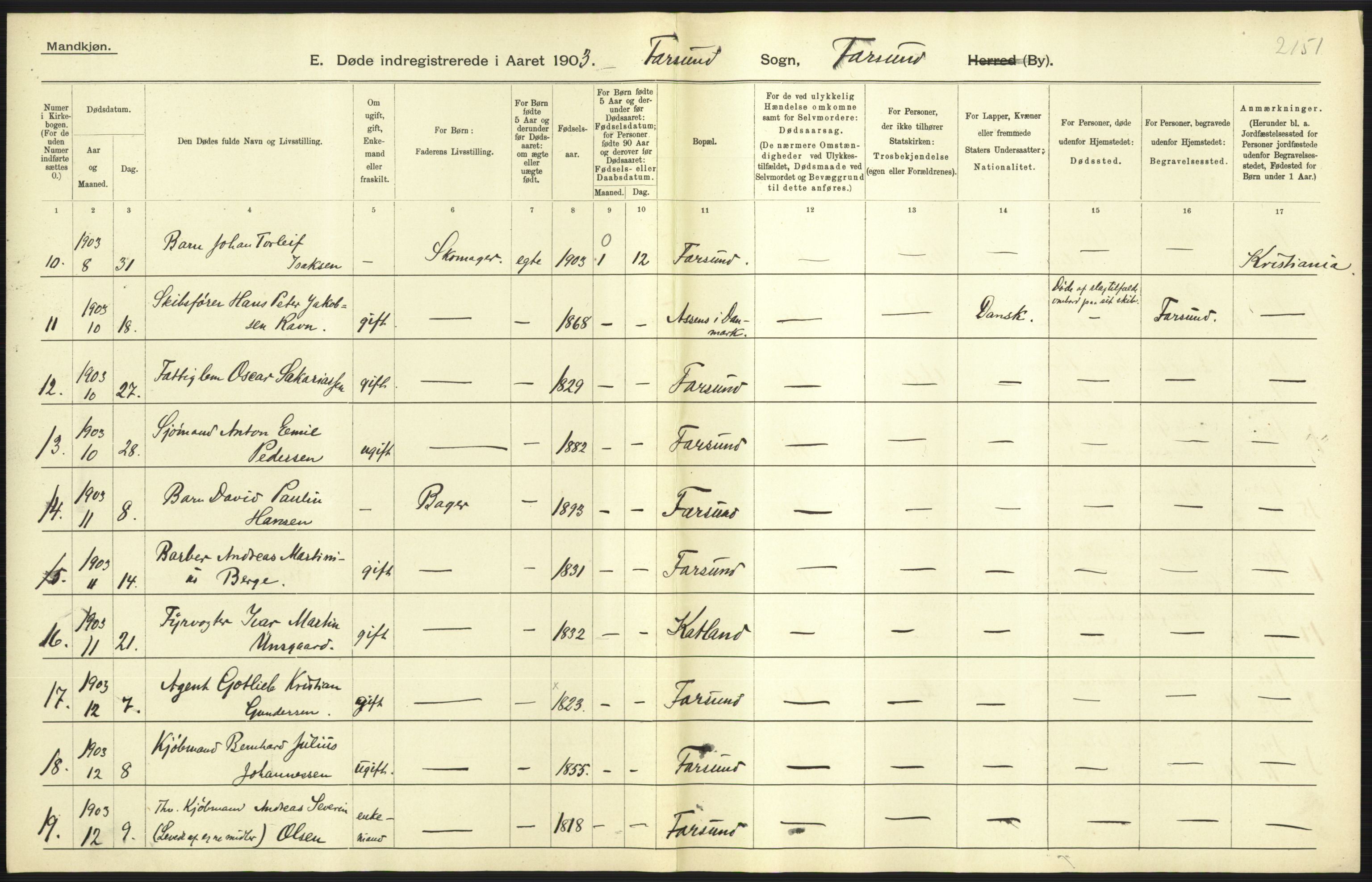 Statistisk sentralbyrå, Sosiodemografiske emner, Befolkning, AV/RA-S-2228/D/Df/Dfa/Dfaa/L0011: Lister og Mandal amt: Fødte, gifte, døde, 1903, p. 559