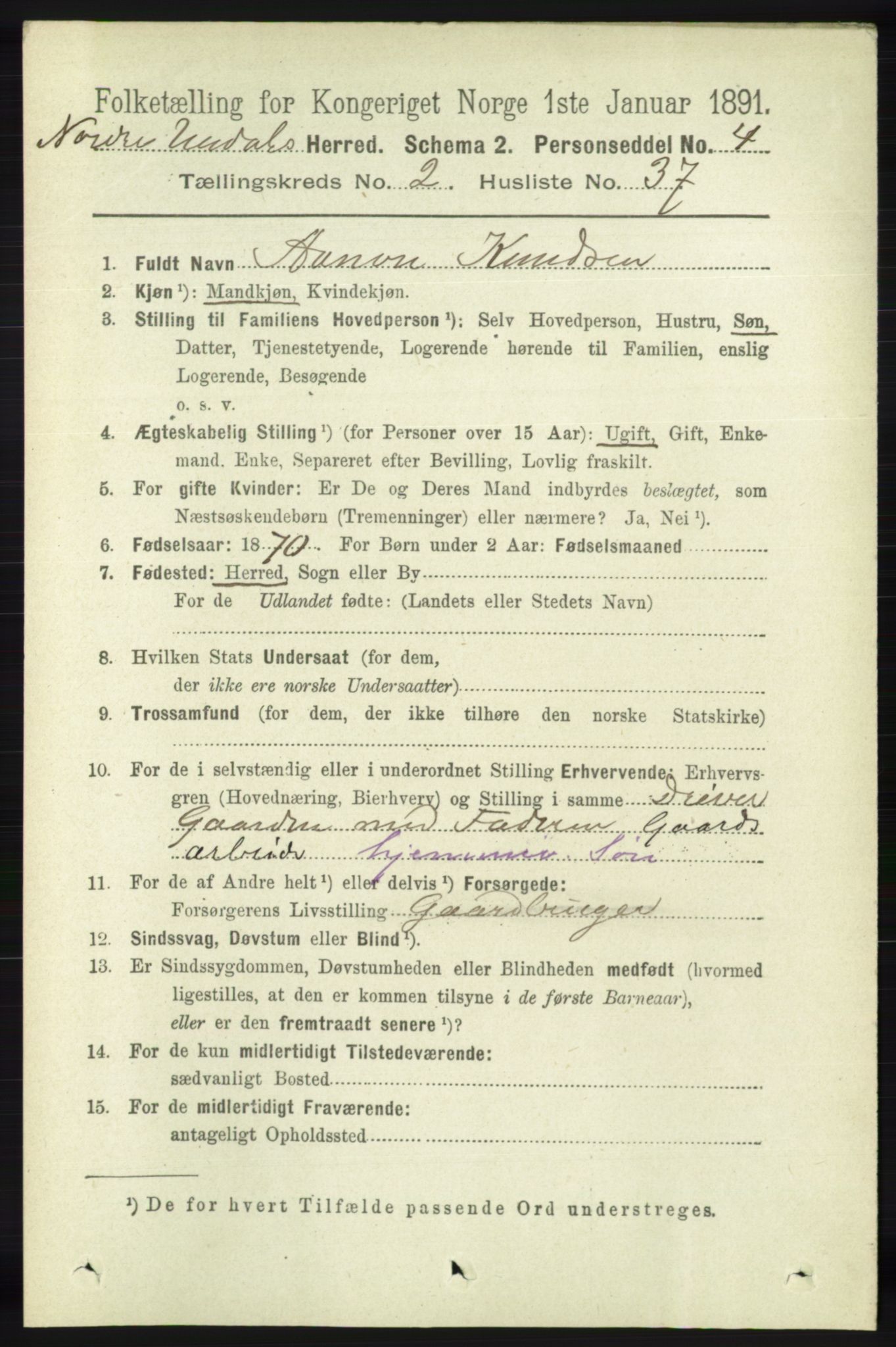 RA, 1891 census for 1028 Nord-Audnedal, 1891, p. 541