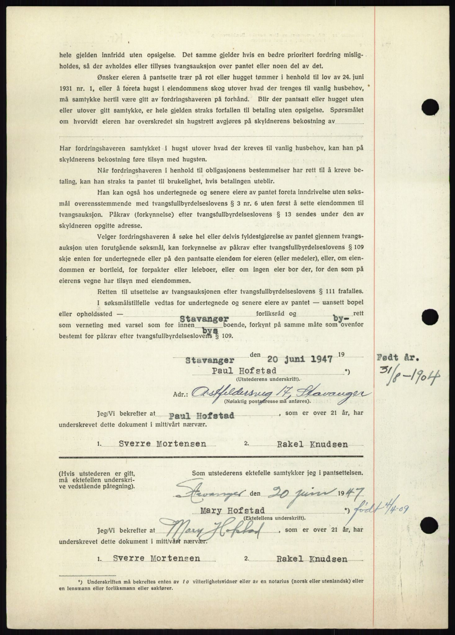 Stavanger byrett, AV/SAST-A-100455/002/G/Gb/L0031: Mortgage book, 1943-1947, Diary no: : 1422/1947