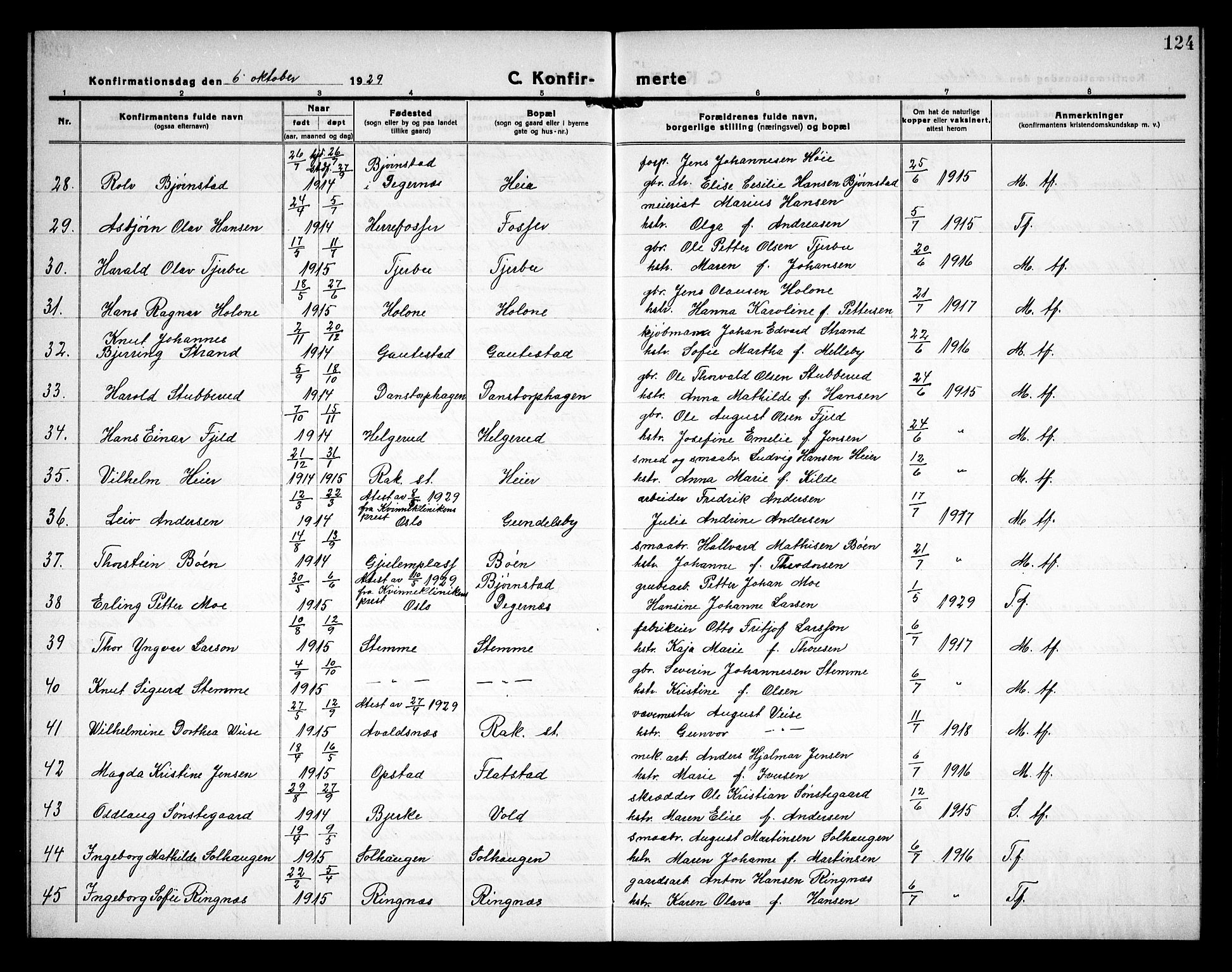 Rakkestad prestekontor Kirkebøker, AV/SAO-A-2008/G/Ga/L0002: Parish register (copy) no. I 2, 1918-1931, p. 124