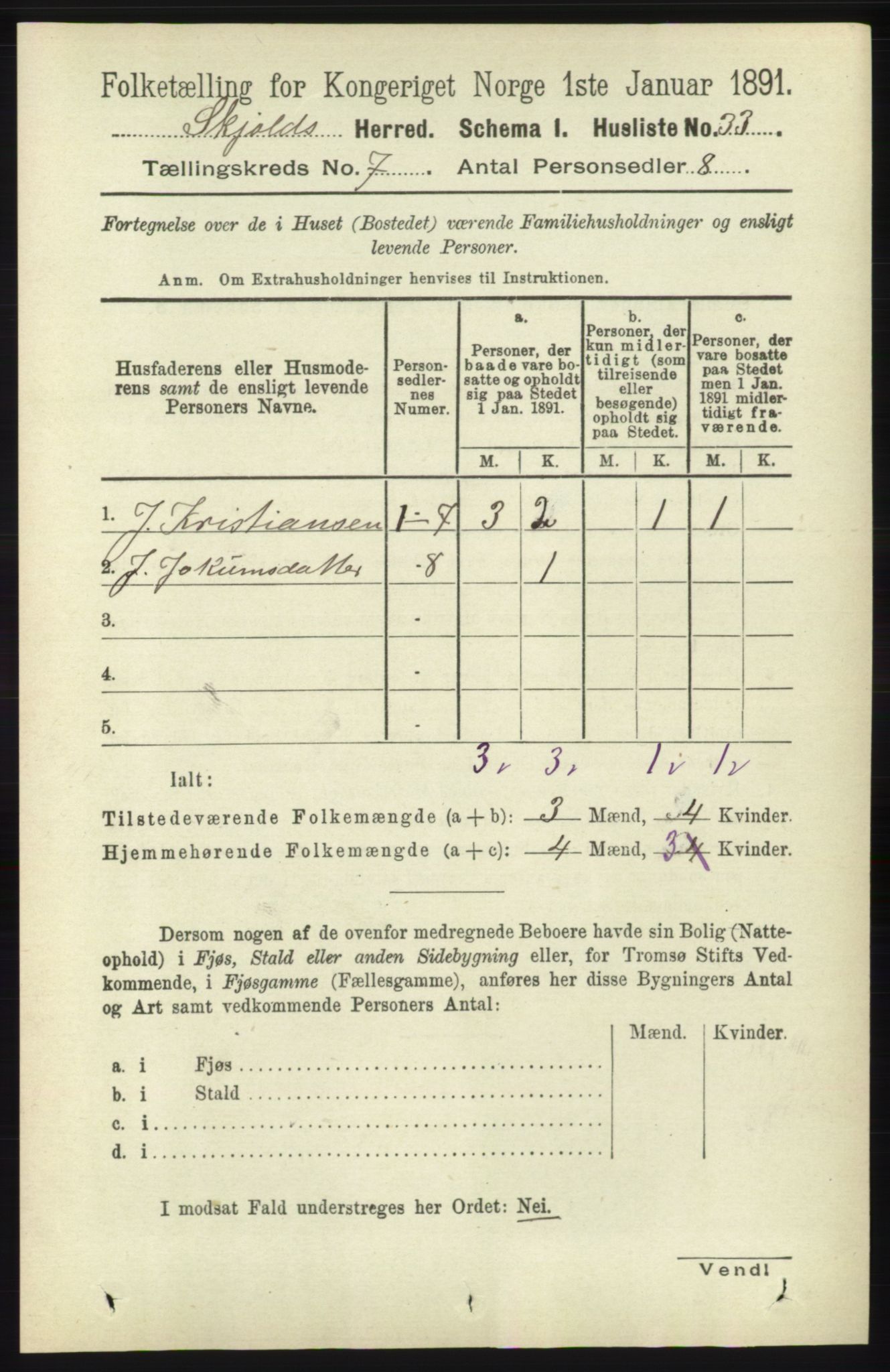 RA, 1891 census for 1154 Skjold, 1891, p. 1336