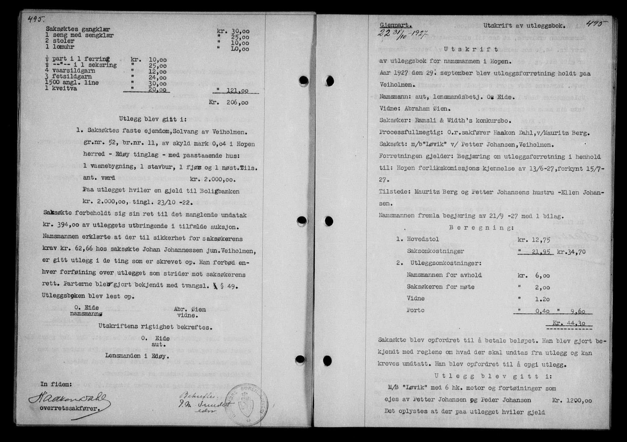 Nordmøre sorenskriveri, AV/SAT-A-4132/1/2/2Ca/L0062: Mortgage book no. 52, 1927-1927, Deed date: 31.10.1927