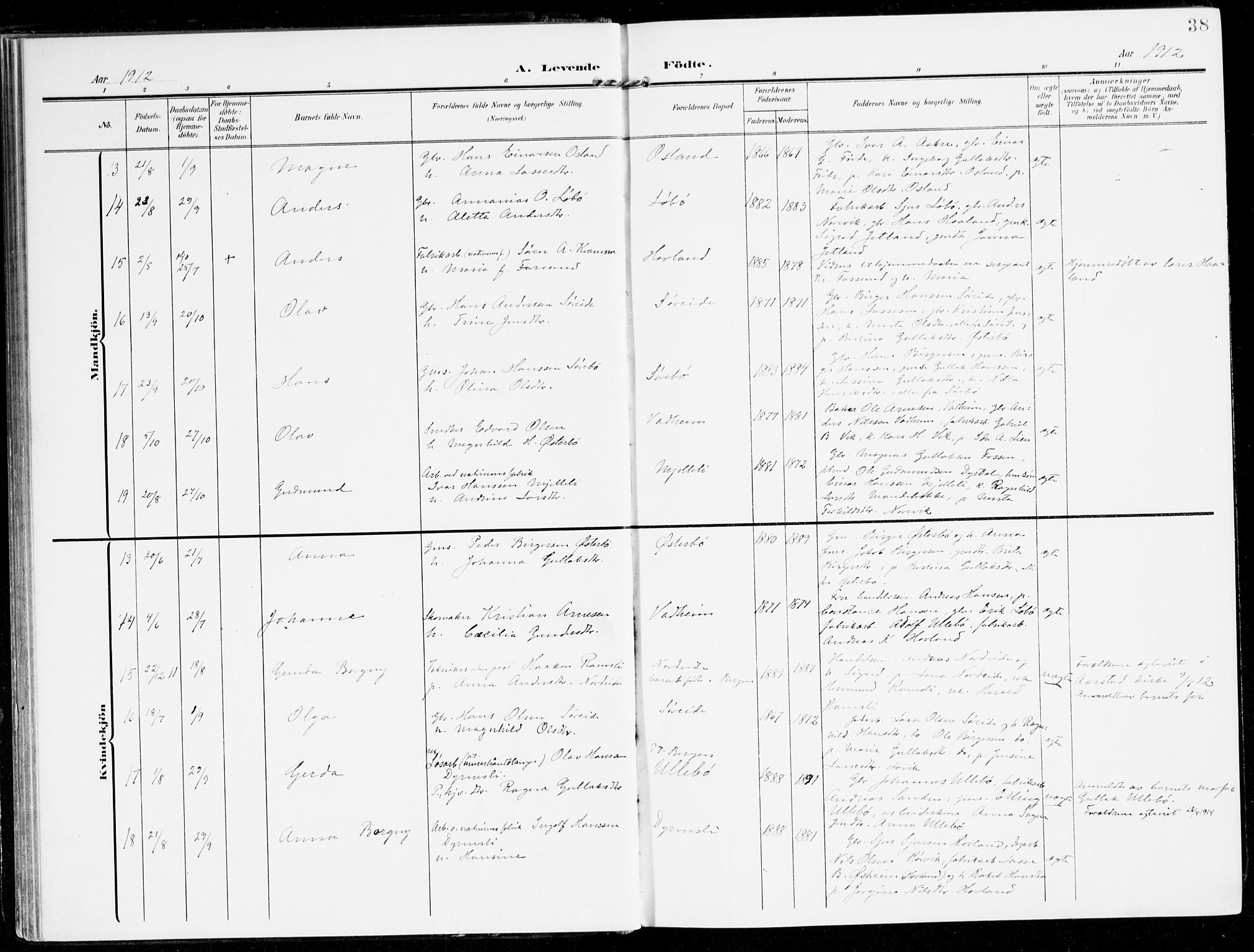 Lavik sokneprestembete, AV/SAB-A-80901: Parish register (official) no. C 2, 1904-1921, p. 38