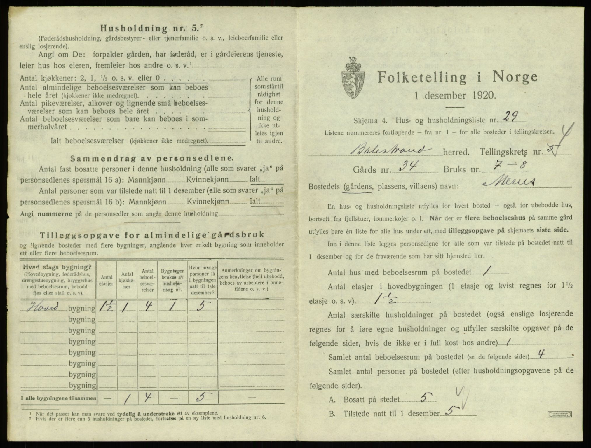 SAB, 1920 census for Balestrand, 1920, p. 338