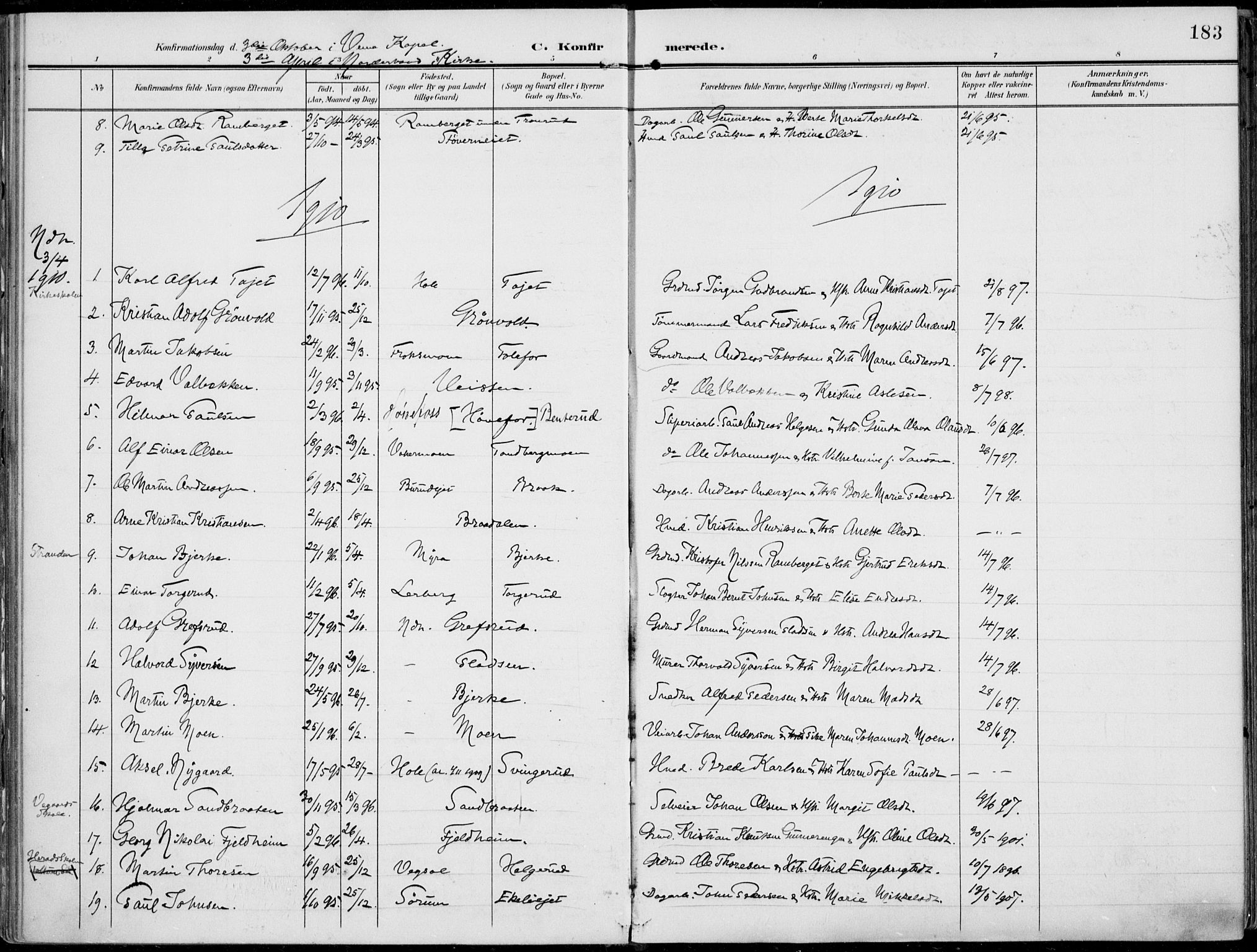 Norderhov kirkebøker, AV/SAKO-A-237/F/Fa/L0017: Parish register (official) no. 17, 1903-1919, p. 183