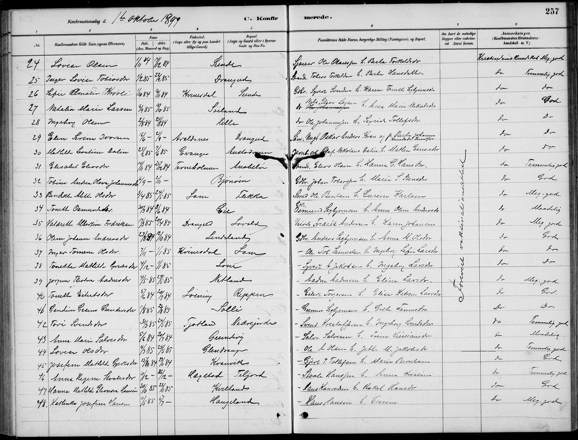 Flekkefjord sokneprestkontor, AV/SAK-1111-0012/F/Fb/Fbc/L0007: Parish register (copy) no. B 7, 1880-1902, p. 257