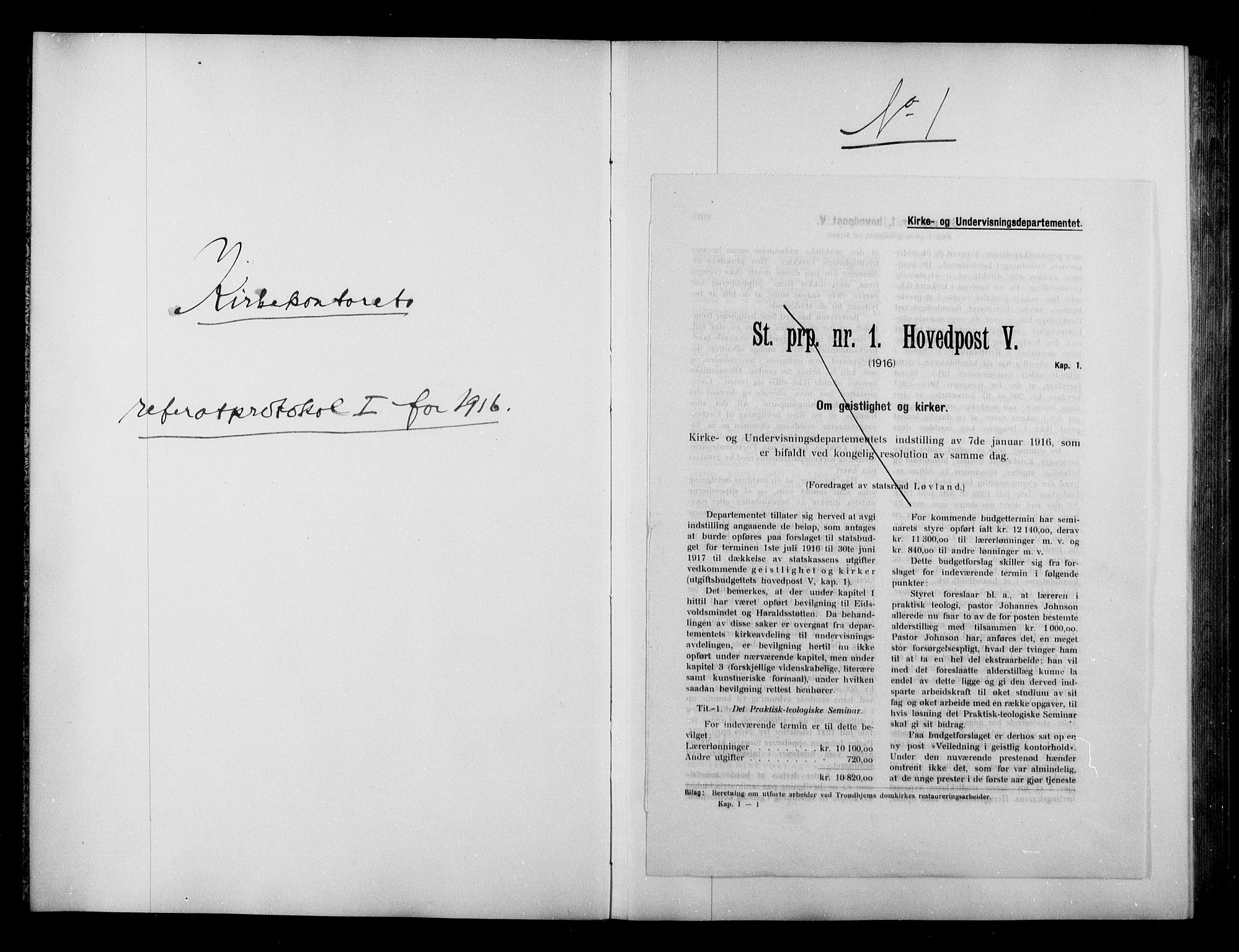 Kirke- og undervisningsdepartementet, Kontoret  for kirke og geistlighet A, AV/RA-S-1007/A/Aa/L0319: Referatprotokoll bd. 1. Ref.nr. 1-151, 1916