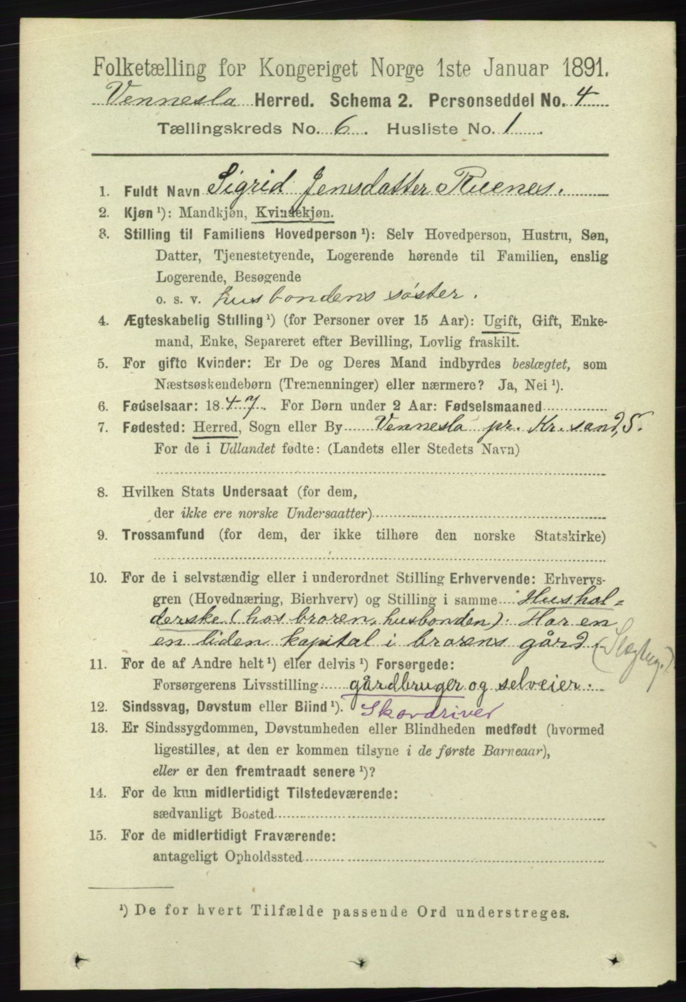 RA, 1891 census for 1014 Vennesla, 1891, p. 1596