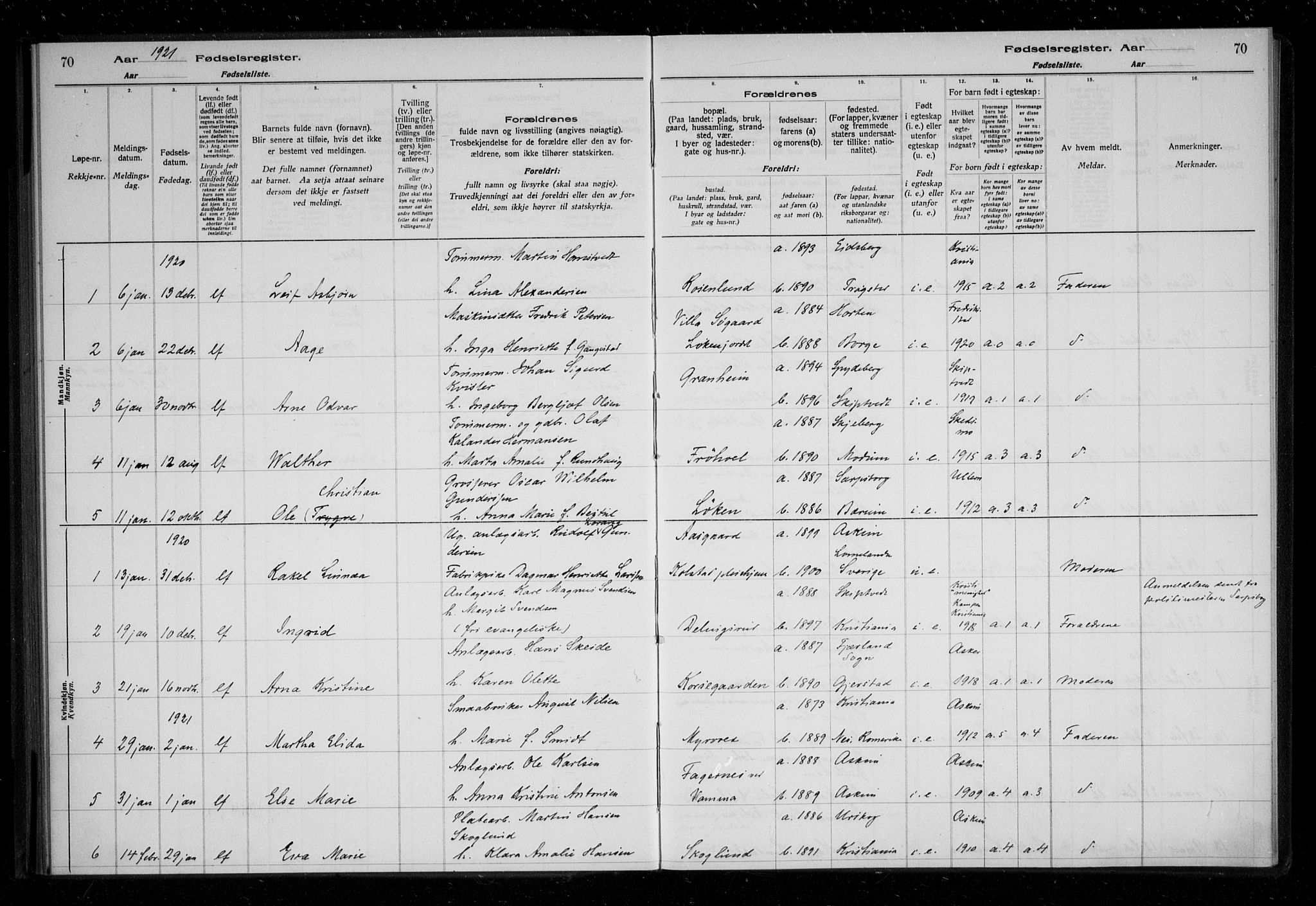 Askim prestekontor Kirkebøker, AV/SAO-A-10900/J/Ja/L0001: Birth register no. 1, 1916-1929, p. 70