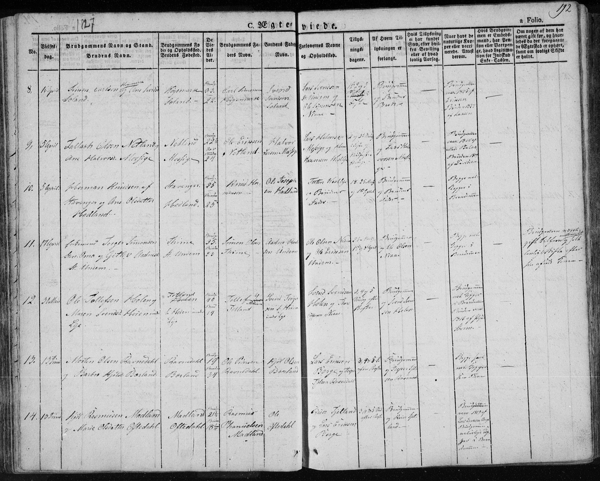 Lye sokneprestkontor, AV/SAST-A-101794/001/30BA/L0004: Parish register (official) no. A 4, 1826-1841, p. 192