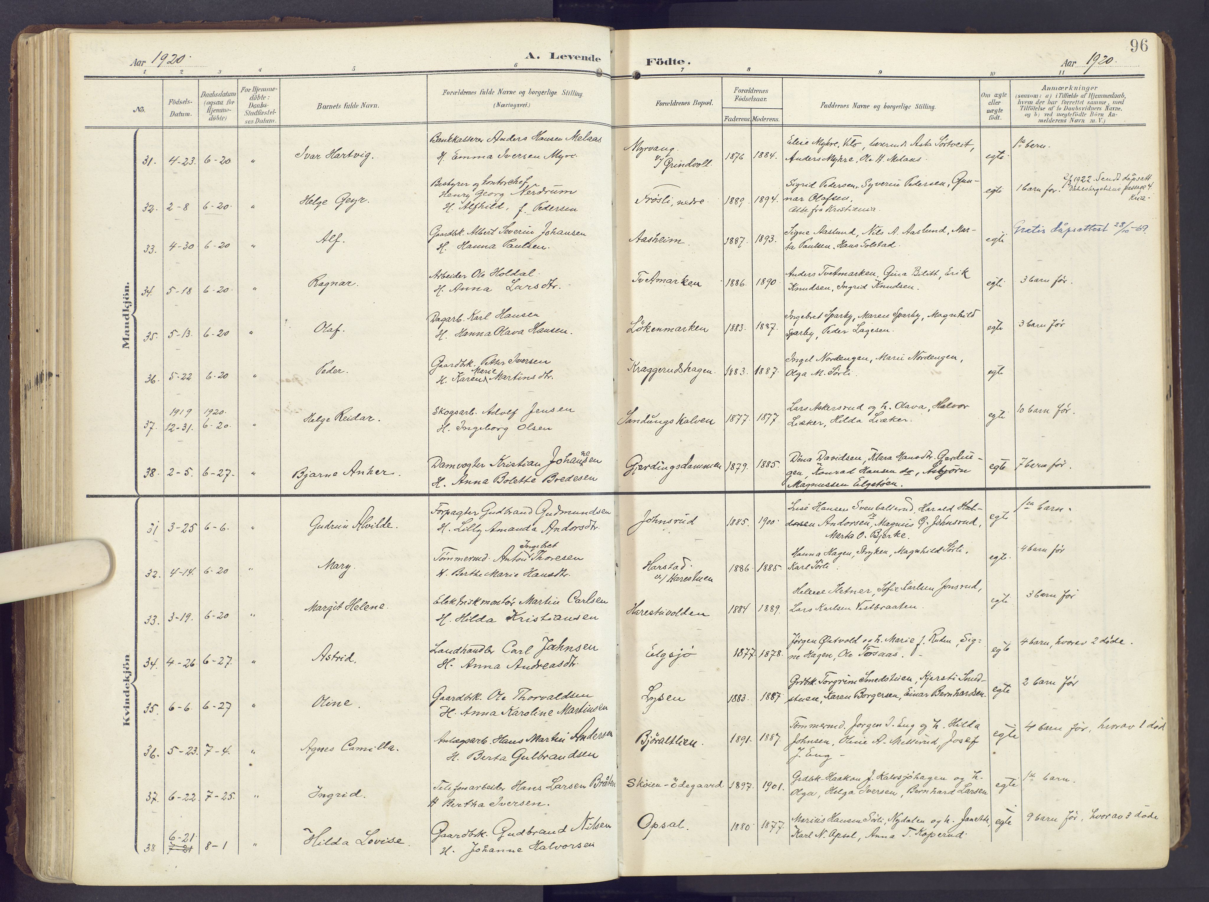 Lunner prestekontor, AV/SAH-PREST-118/H/Ha/Haa/L0001: Parish register (official) no. 1, 1907-1922, p. 96