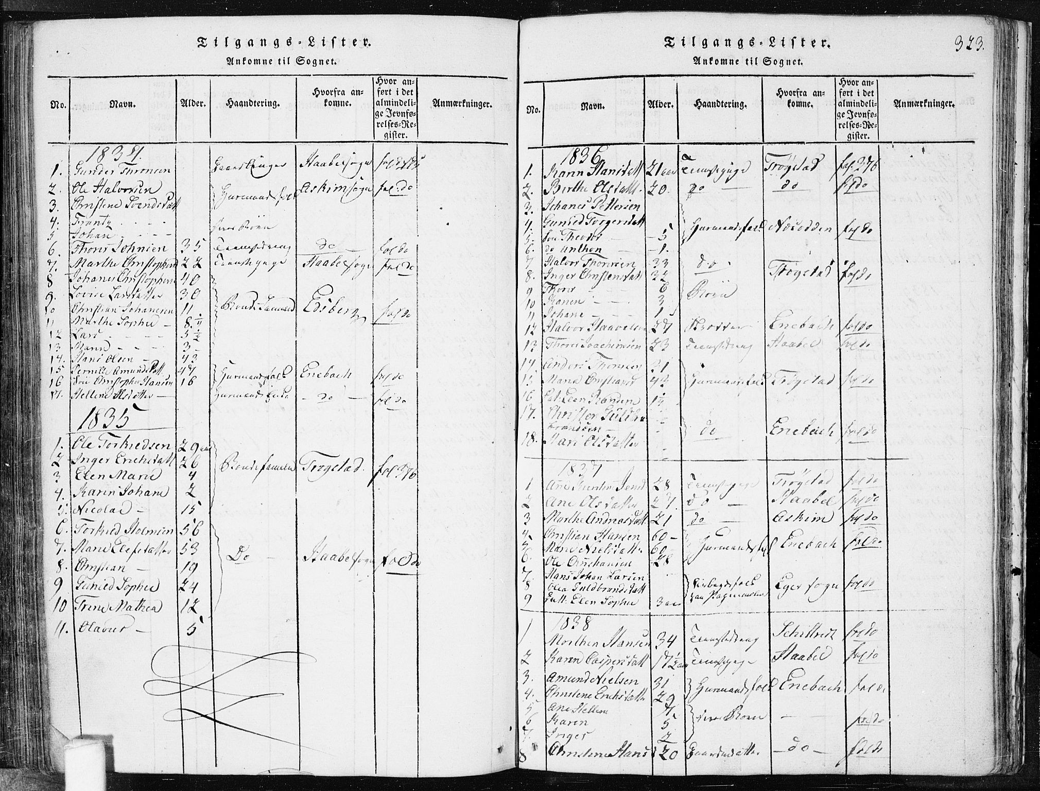 Spydeberg prestekontor Kirkebøker, AV/SAO-A-10924/F/Fa/L0004: Parish register (official) no. I 4, 1814-1841, p. 323