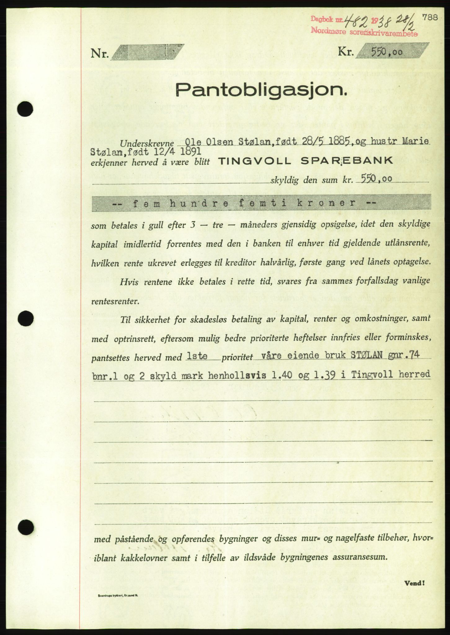 Nordmøre sorenskriveri, AV/SAT-A-4132/1/2/2Ca/L0092: Mortgage book no. B82, 1937-1938, Diary no: : 482/1938