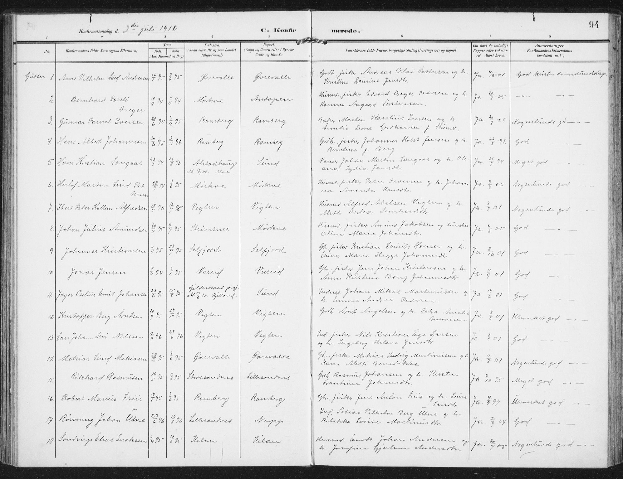 Ministerialprotokoller, klokkerbøker og fødselsregistre - Nordland, AV/SAT-A-1459/885/L1206: Parish register (official) no. 885A07, 1905-1915, p. 94