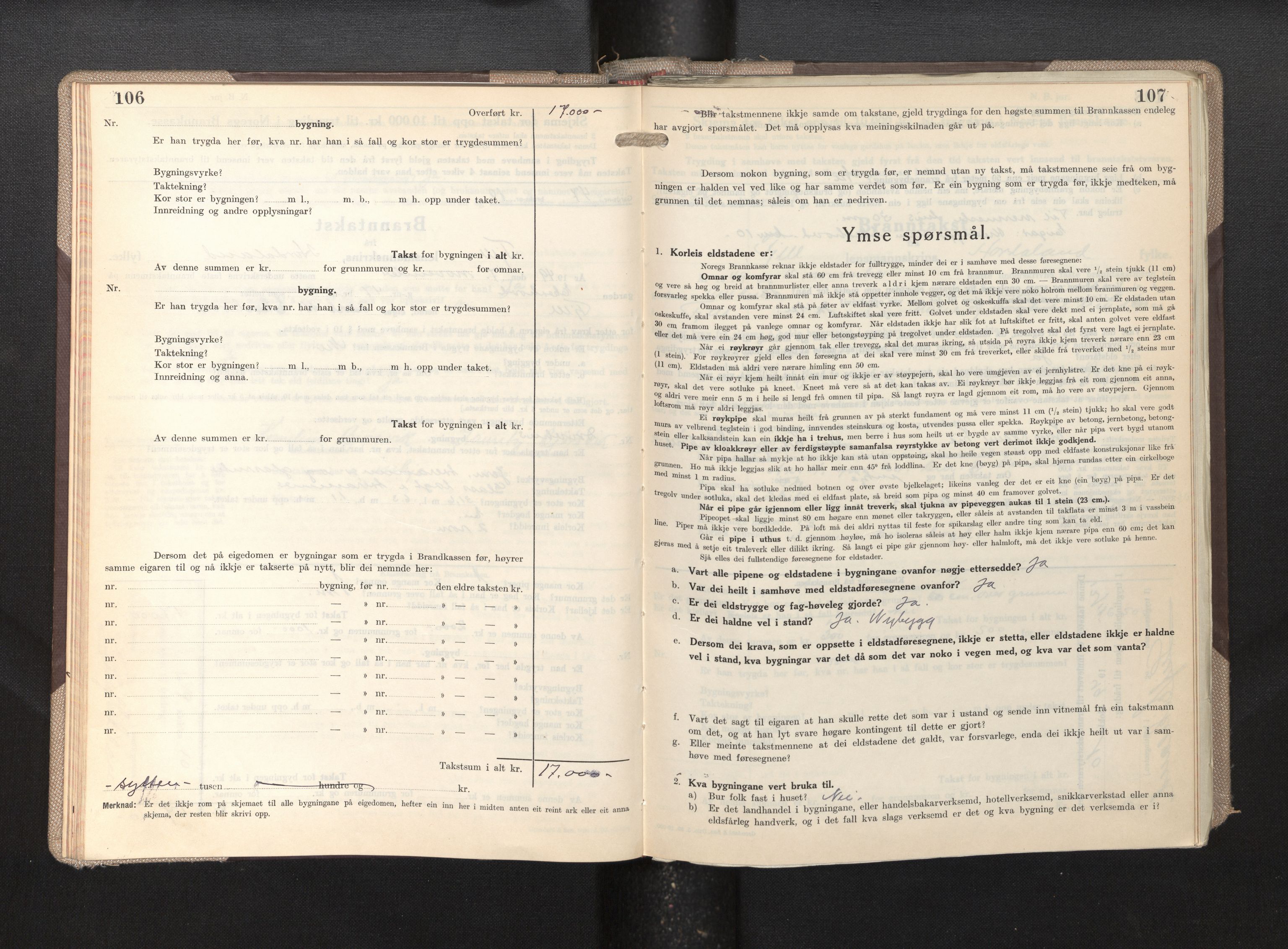 Lensmannen i Fjell, AV/SAB-A-32301/0012/L0007: Branntakstprotokoll, skjematakst, 1946-1955, p. 106-107