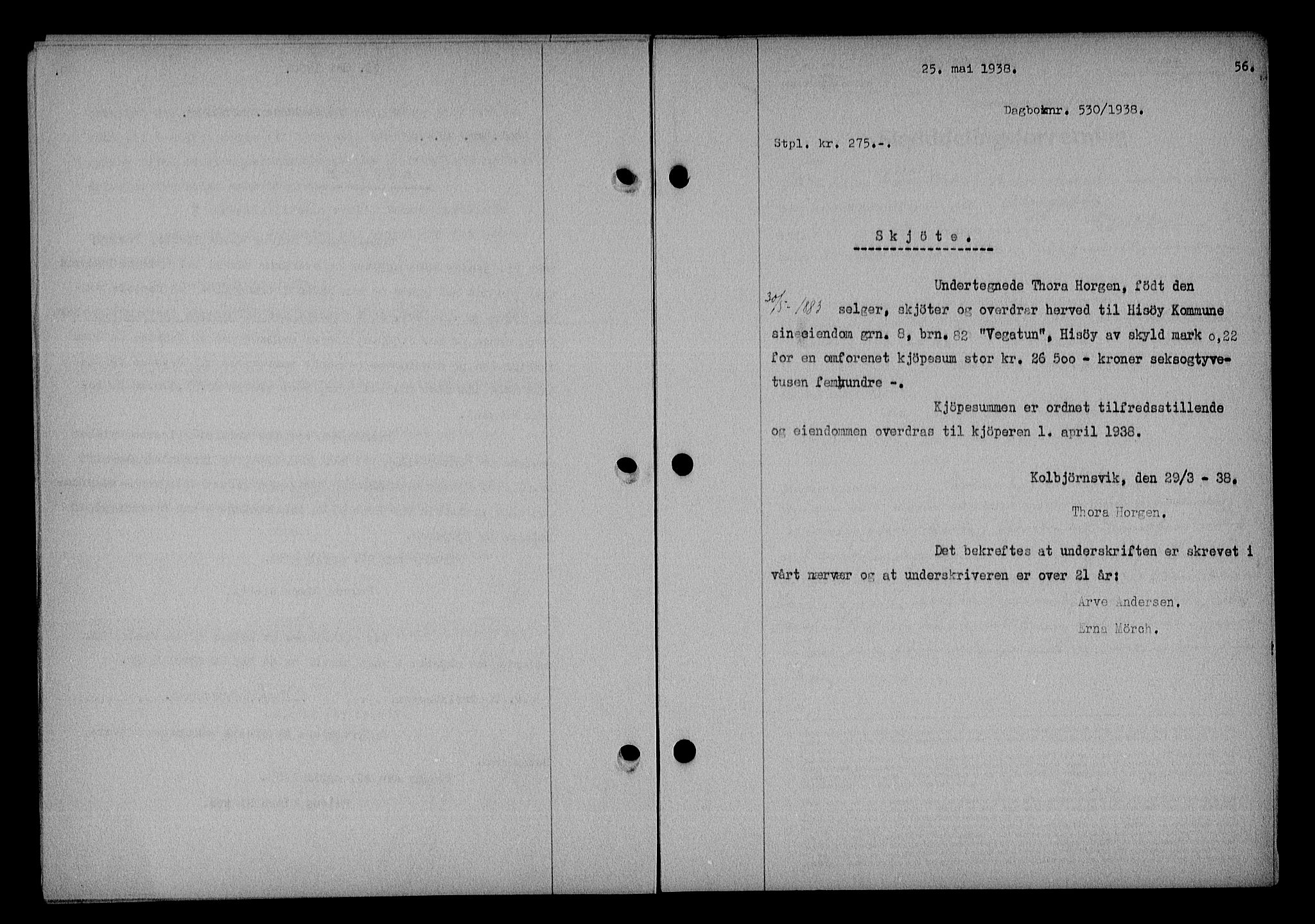 Nedenes sorenskriveri, SAK/1221-0006/G/Gb/Gba/L0045: Mortgage book no. 41, 1938-1938, Diary no: : 530/1938