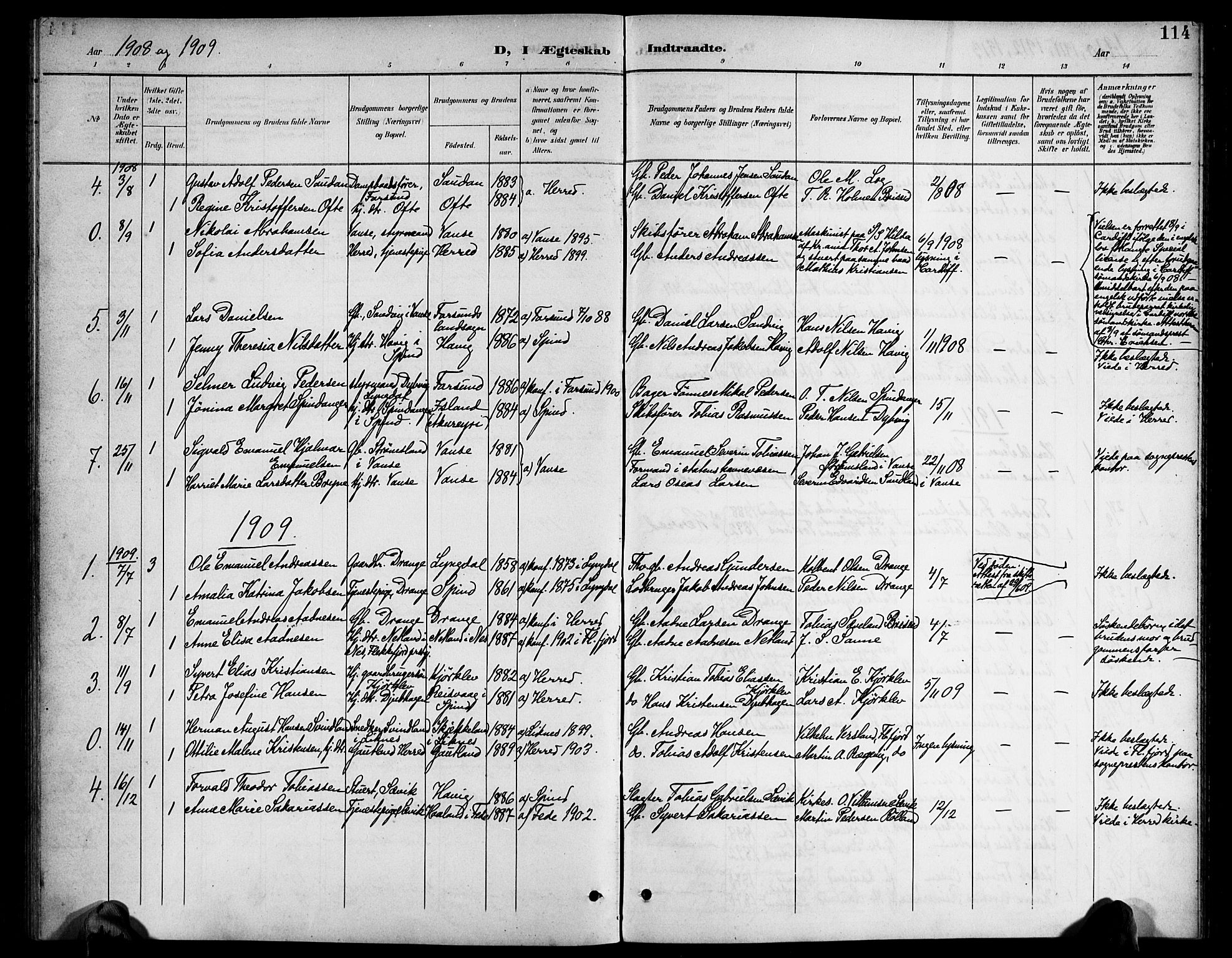 Herad sokneprestkontor, AV/SAK-1111-0018/F/Fb/Fba/L0005: Parish register (copy) no. B 5, 1899-1921, p. 114