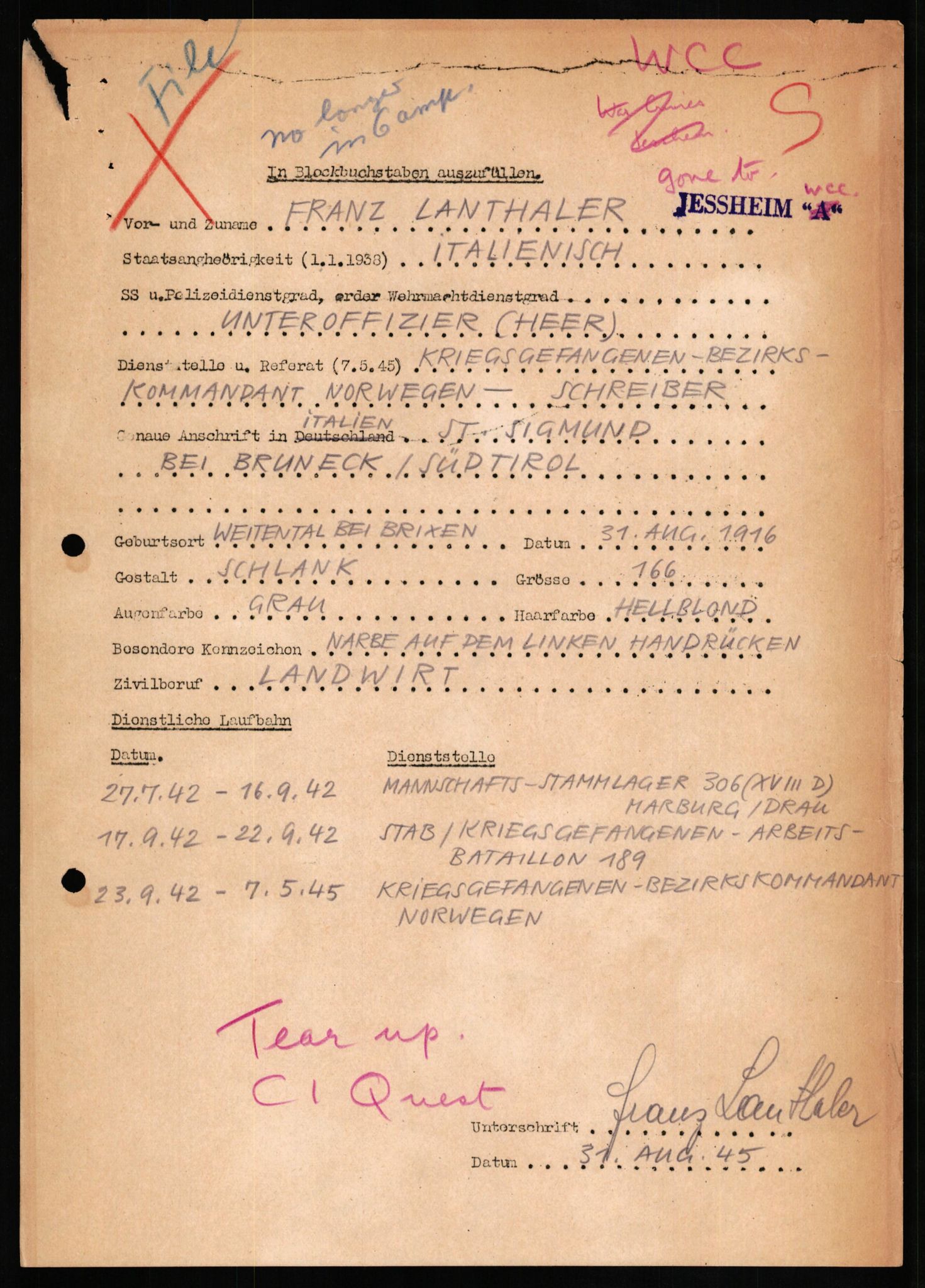 Forsvaret, Forsvarets overkommando II, AV/RA-RAFA-3915/D/Db/L0019: CI Questionaires. Tyske okkupasjonsstyrker i Norge. Tyskere., 1945-1946, p. 429