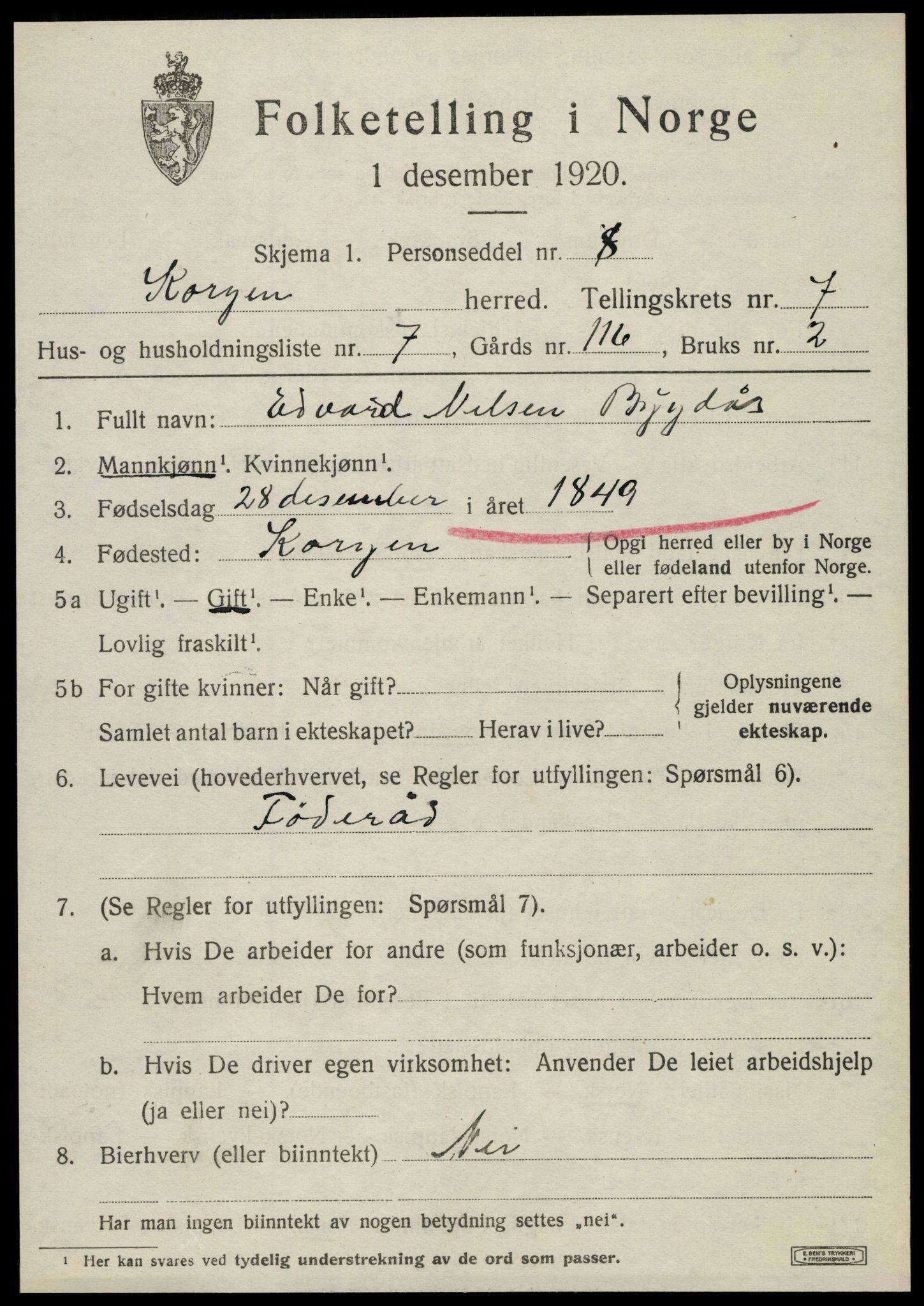 SAT, 1920 census for Korgen, 1920, p. 2868