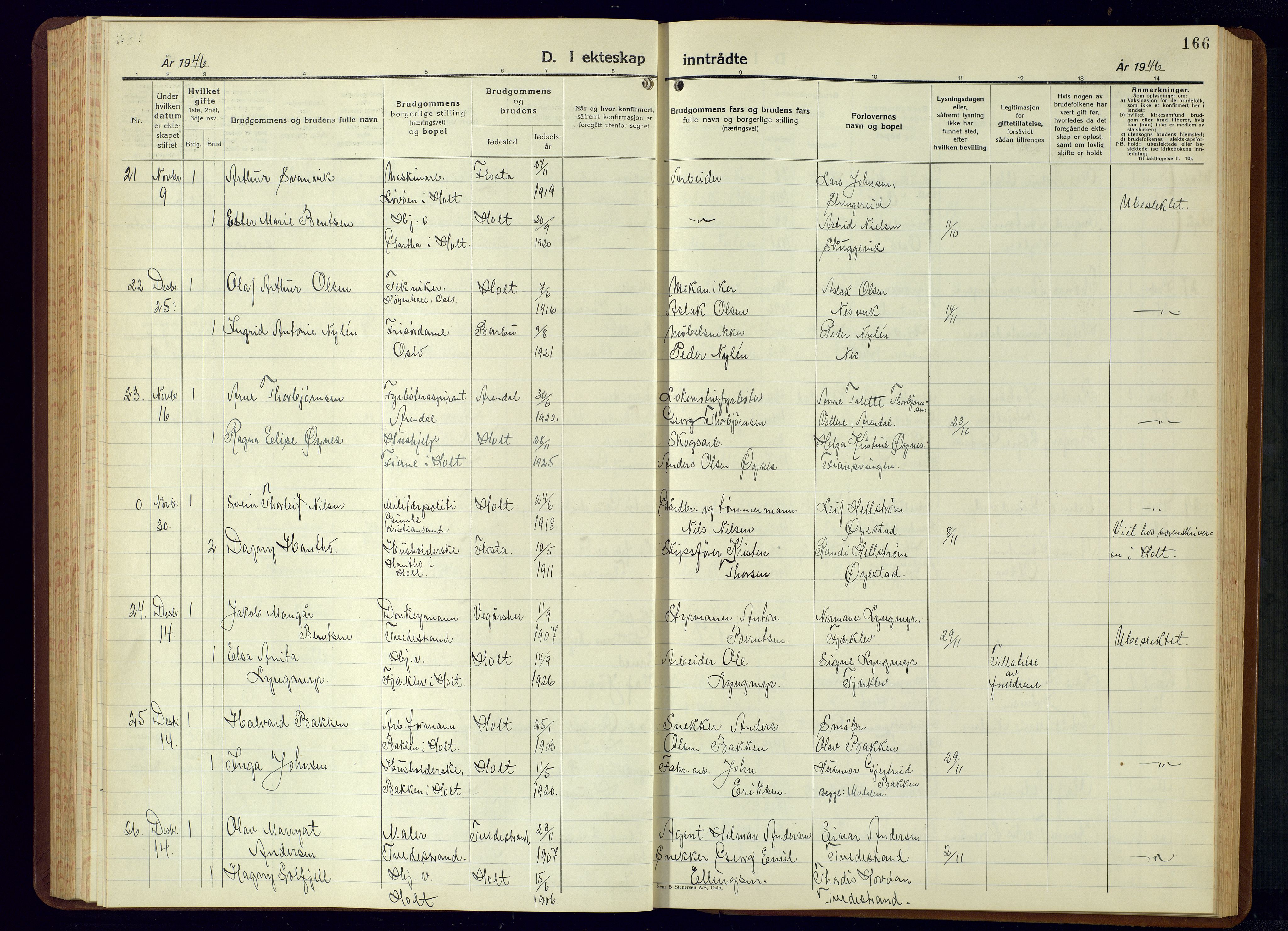 Holt sokneprestkontor, AV/SAK-1111-0021/F/Fb/L0013: Parish register (copy) no. B-13, 1940-1958, p. 166