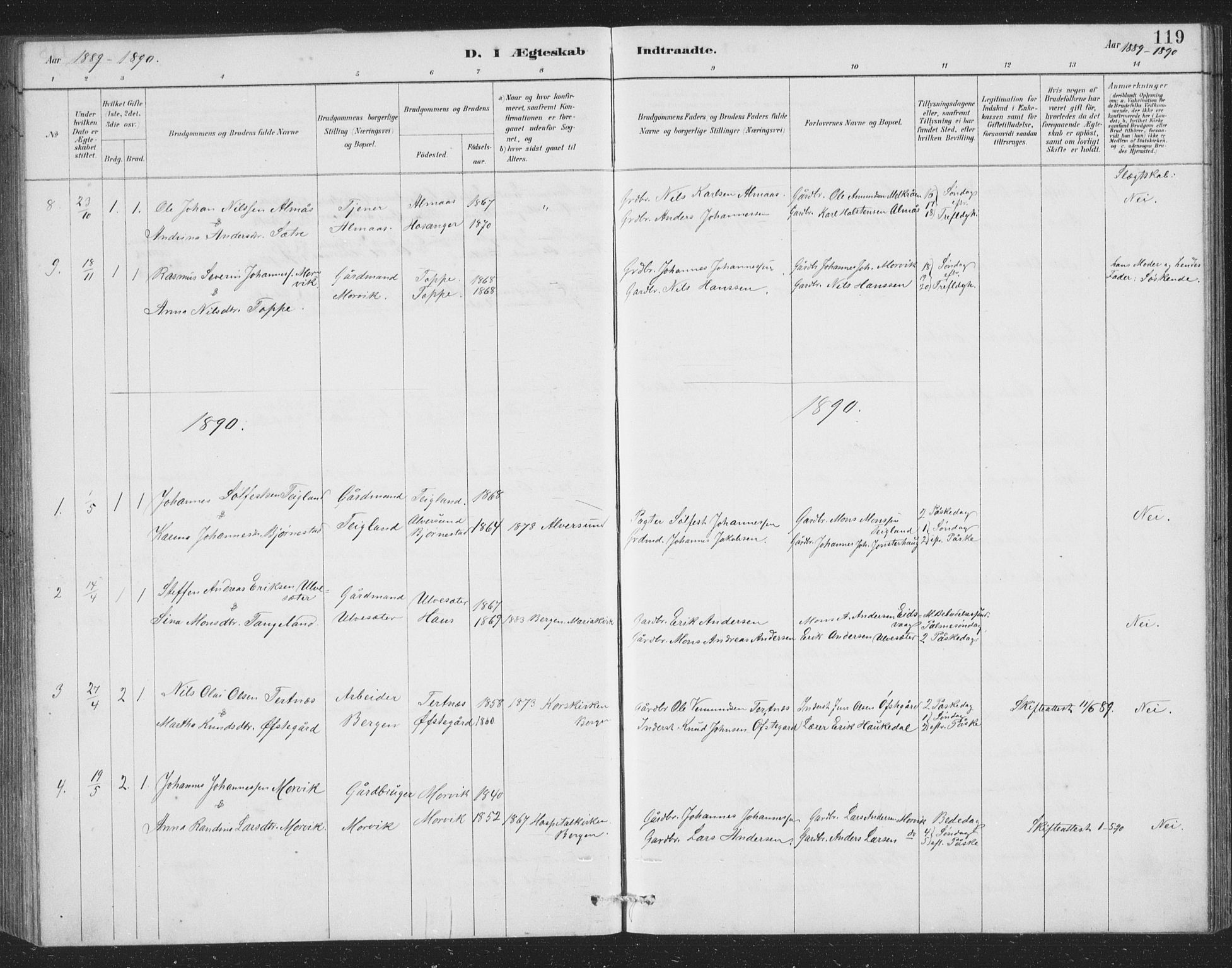Åsane sokneprestembete, SAB/A-79401/H/Hab: Parish register (copy) no. A 2, 1885-1898, p. 119