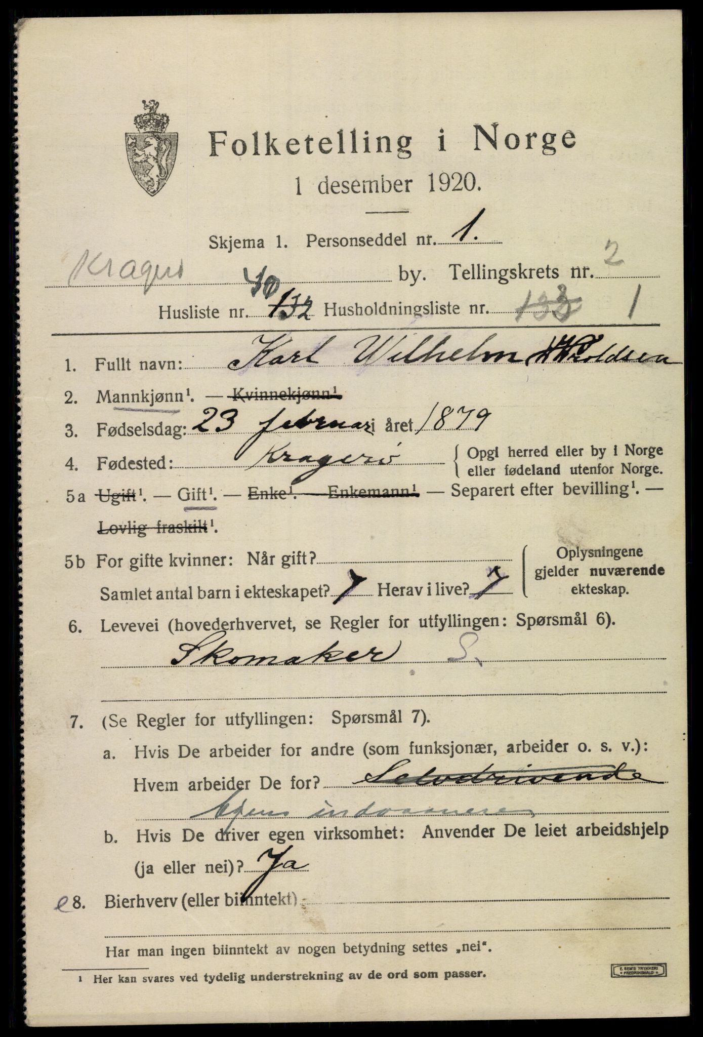 SAKO, 1920 census for Kragerø, 1920, p. 5837