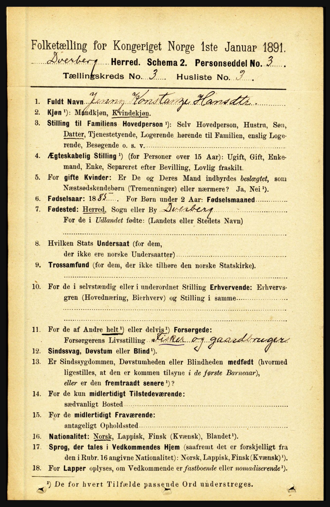 RA, 1891 census for 1872 Dverberg, 1891, p. 945