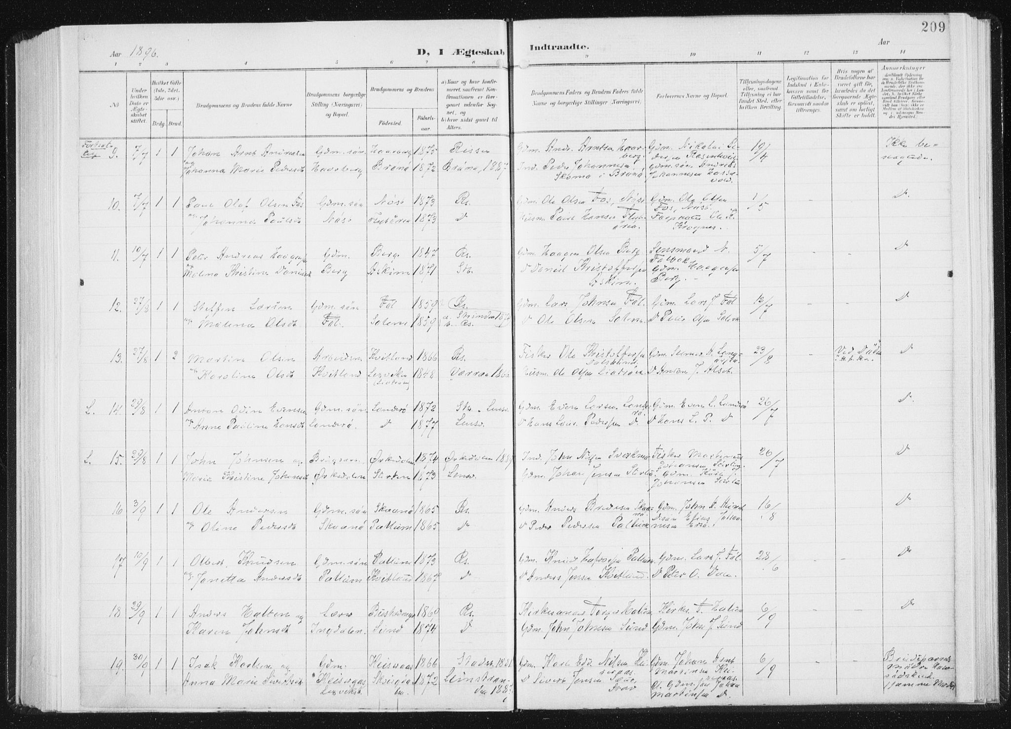Ministerialprotokoller, klokkerbøker og fødselsregistre - Sør-Trøndelag, AV/SAT-A-1456/647/L0635: Parish register (official) no. 647A02, 1896-1911, p. 209