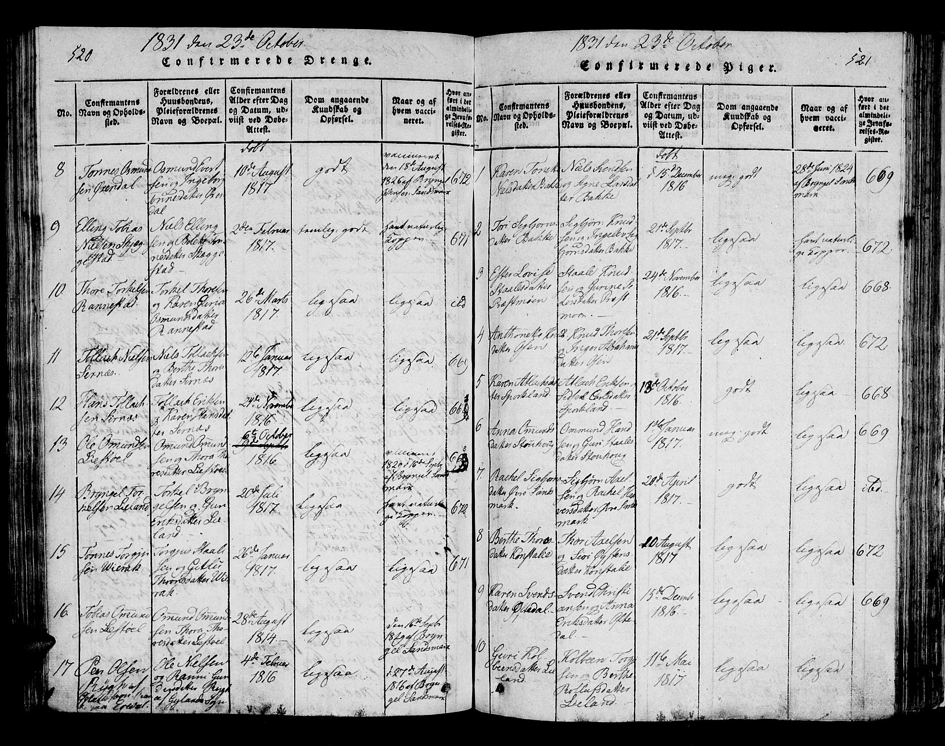 Bakke sokneprestkontor, SAK/1111-0002/F/Fa/Faa/L0003: Parish register (official) no. A 3, 1815-1835, p. 520-521