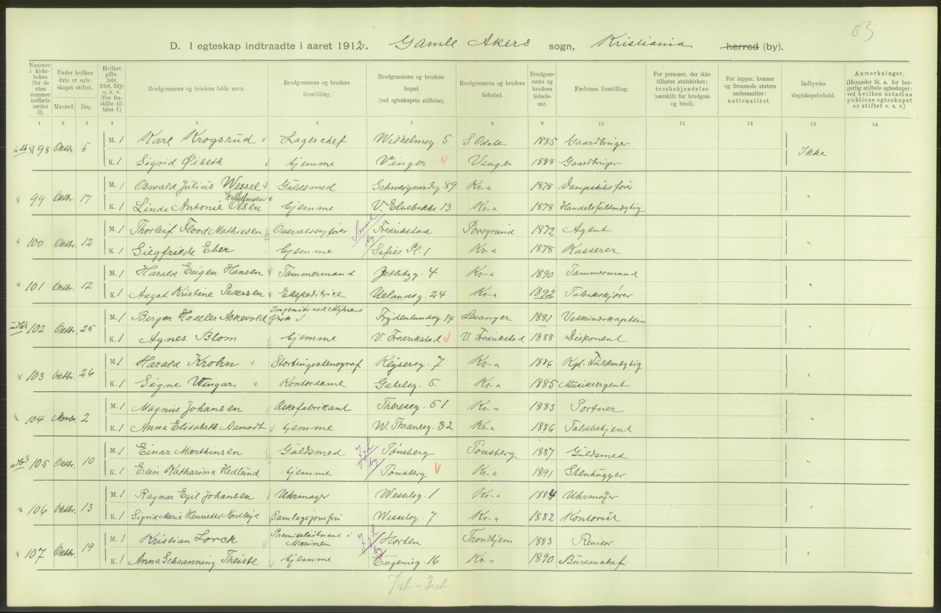 Statistisk sentralbyrå, Sosiodemografiske emner, Befolkning, AV/RA-S-2228/D/Df/Dfb/Dfbb/L0008: Kristiania: Gifte, 1912, p. 480