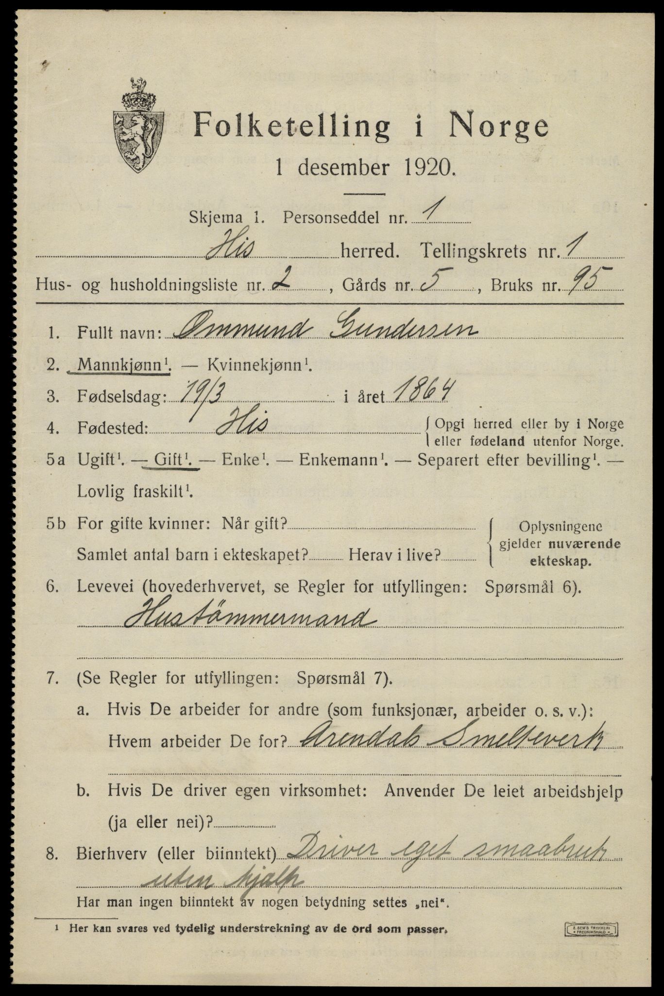 SAK, 1920 census for Hisøy, 1920, p. 1084