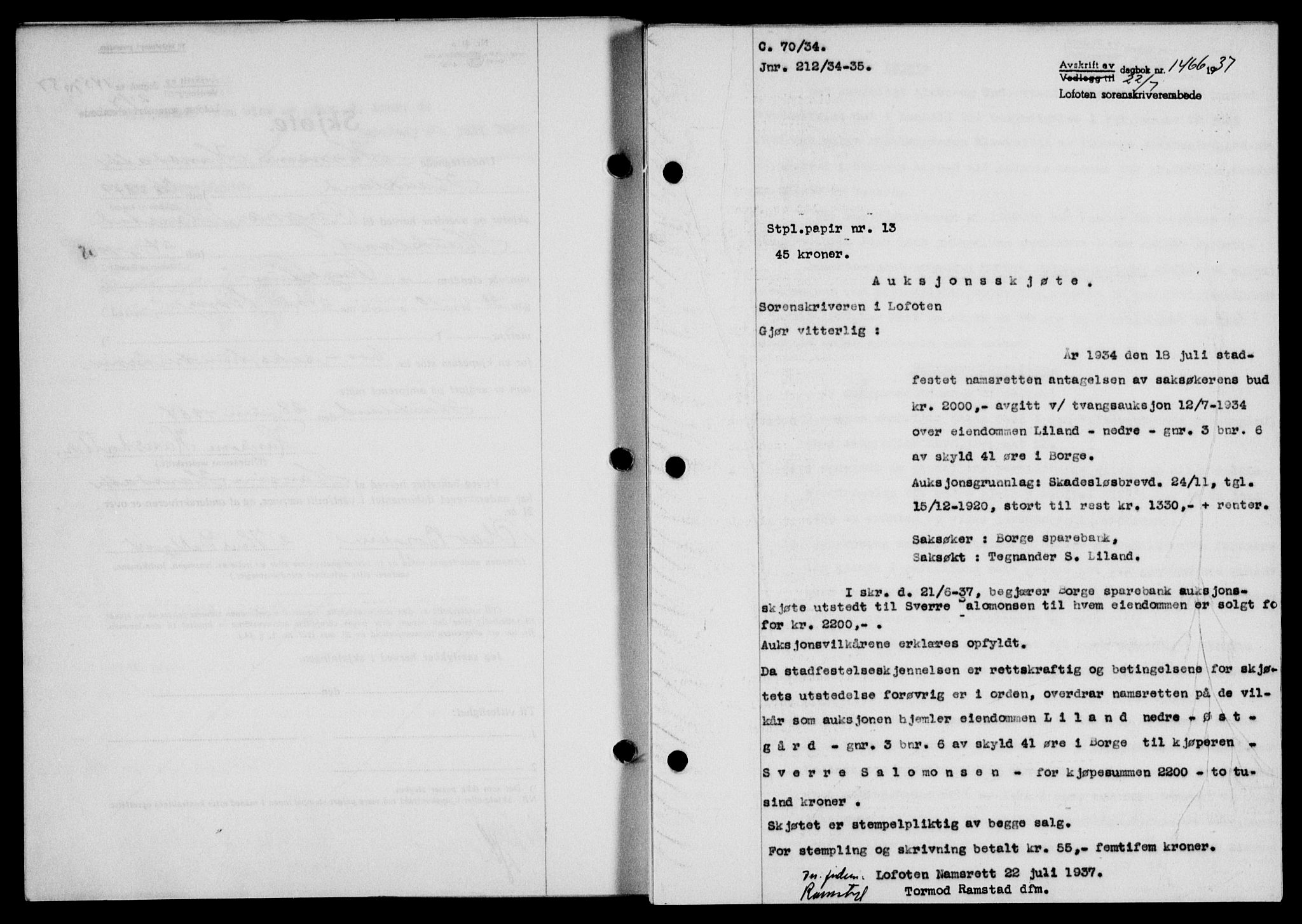 Lofoten sorenskriveri, SAT/A-0017/1/2/2C/L0002a: Mortgage book no. 2a, 1937-1937, Diary no: : 1466/1937