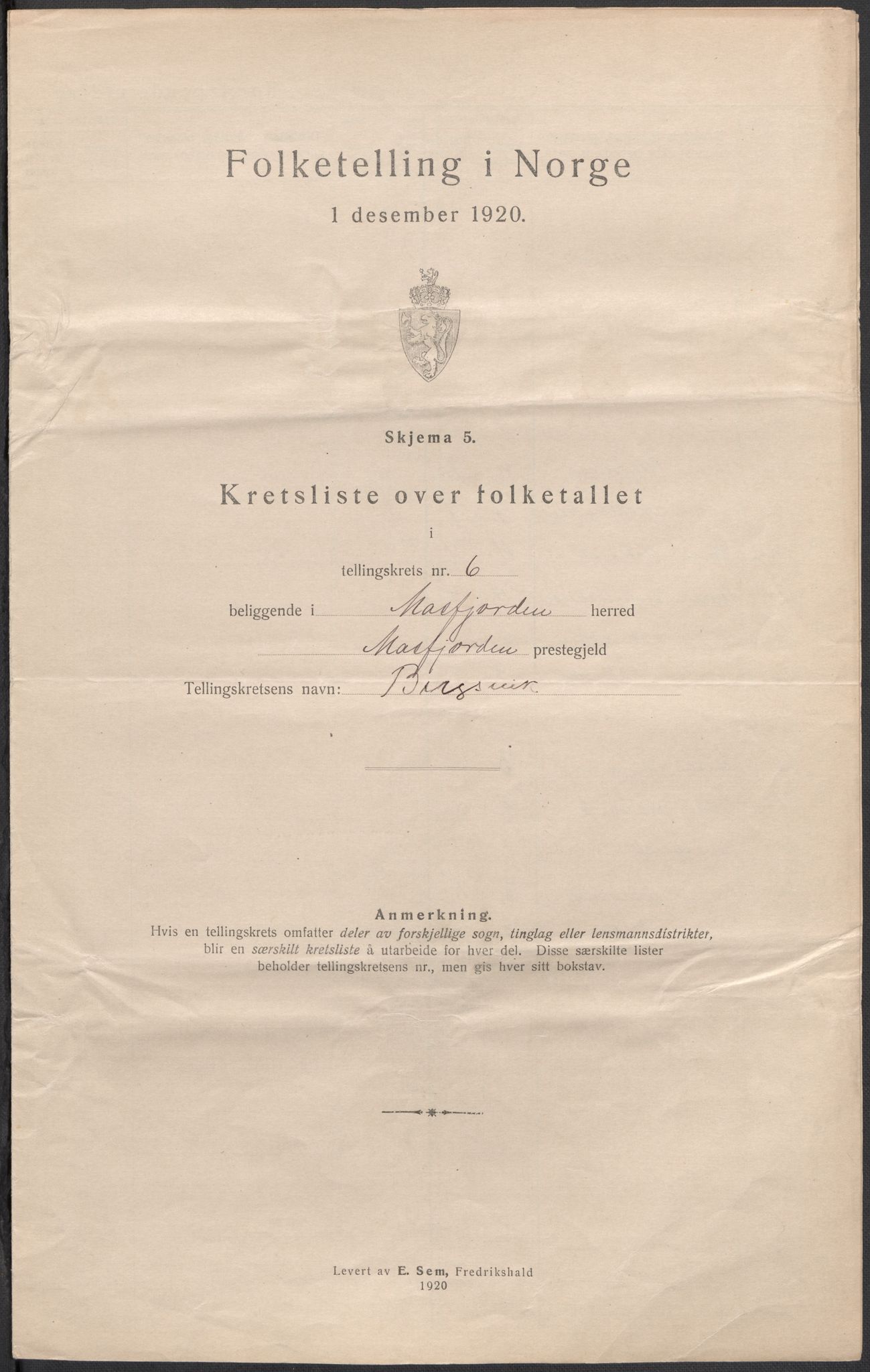 SAB, 1920 census for Masfjorden, 1920, p. 20