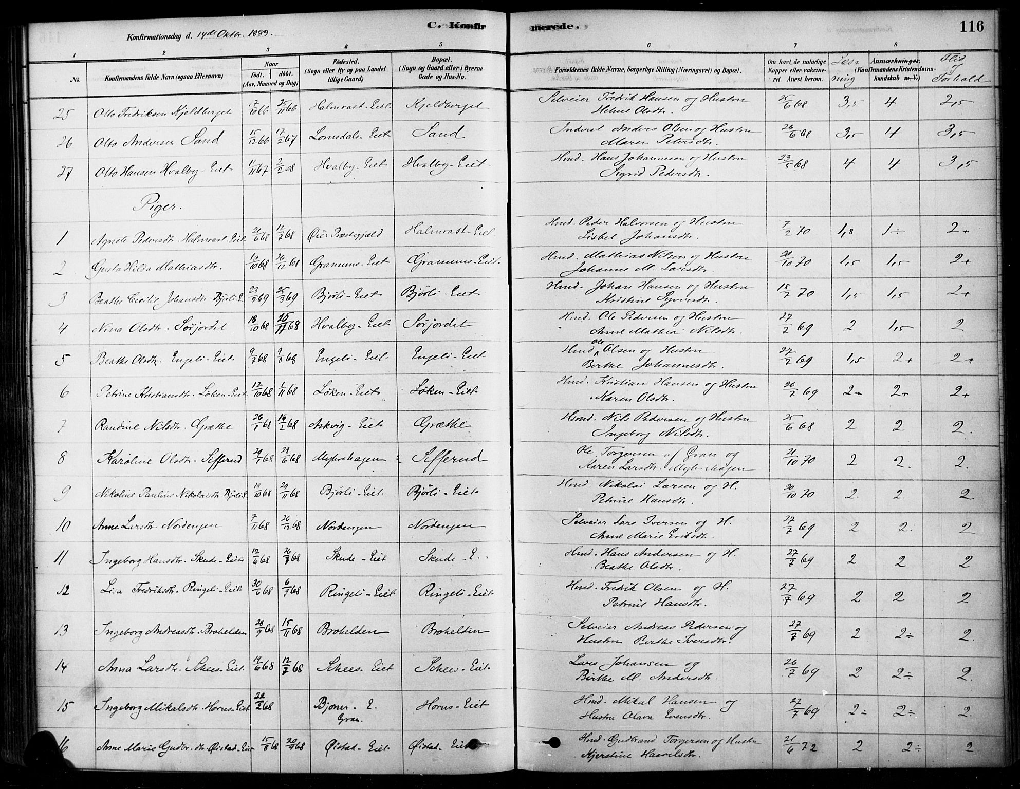 Søndre Land prestekontor, AV/SAH-PREST-122/K/L0003: Parish register (official) no. 3, 1878-1894, p. 116