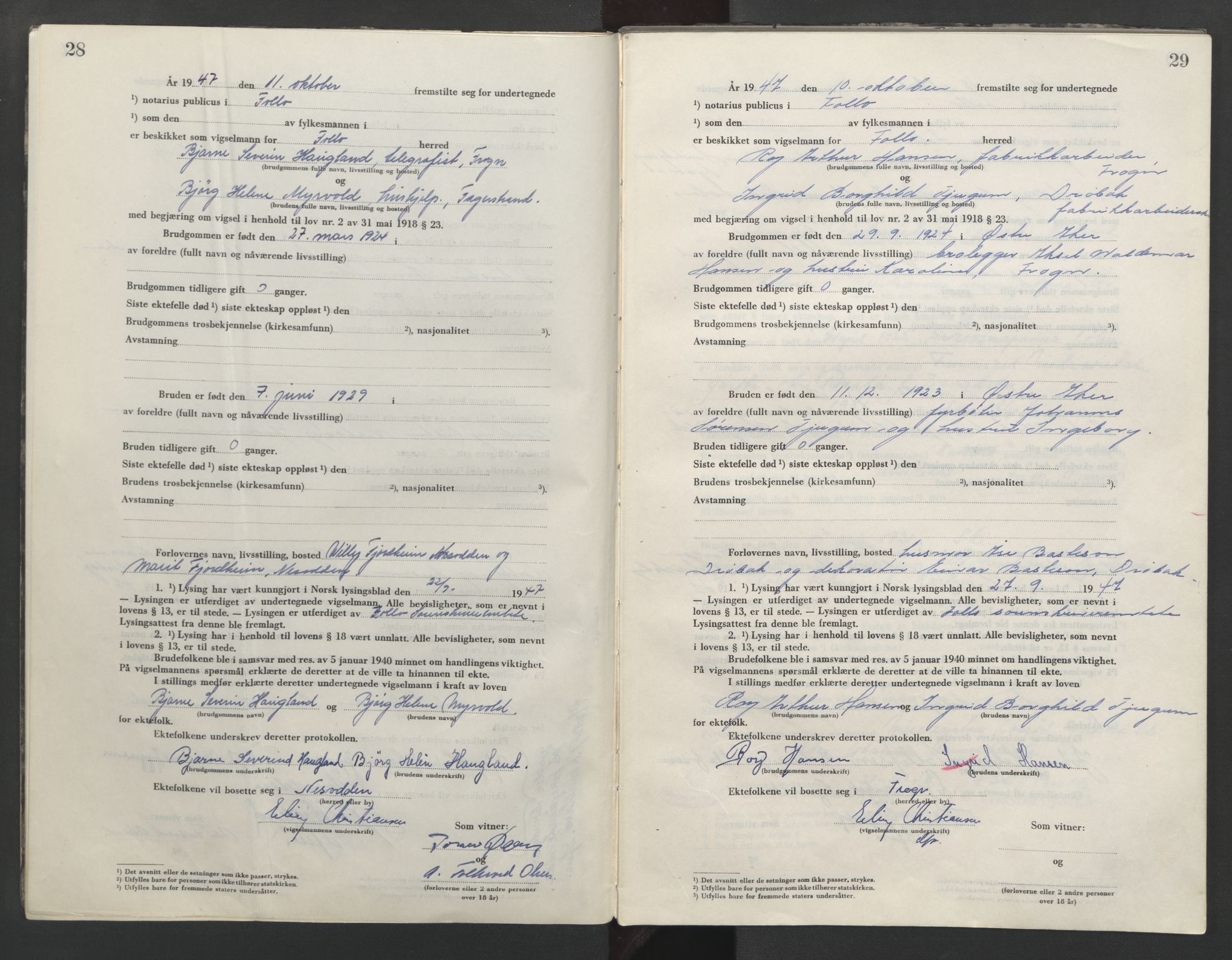 Follo sorenskriveri, AV/SAO-A-10274/L/La/Lab/L0003: Vigselsbok, 1946-1955, p. 28-29