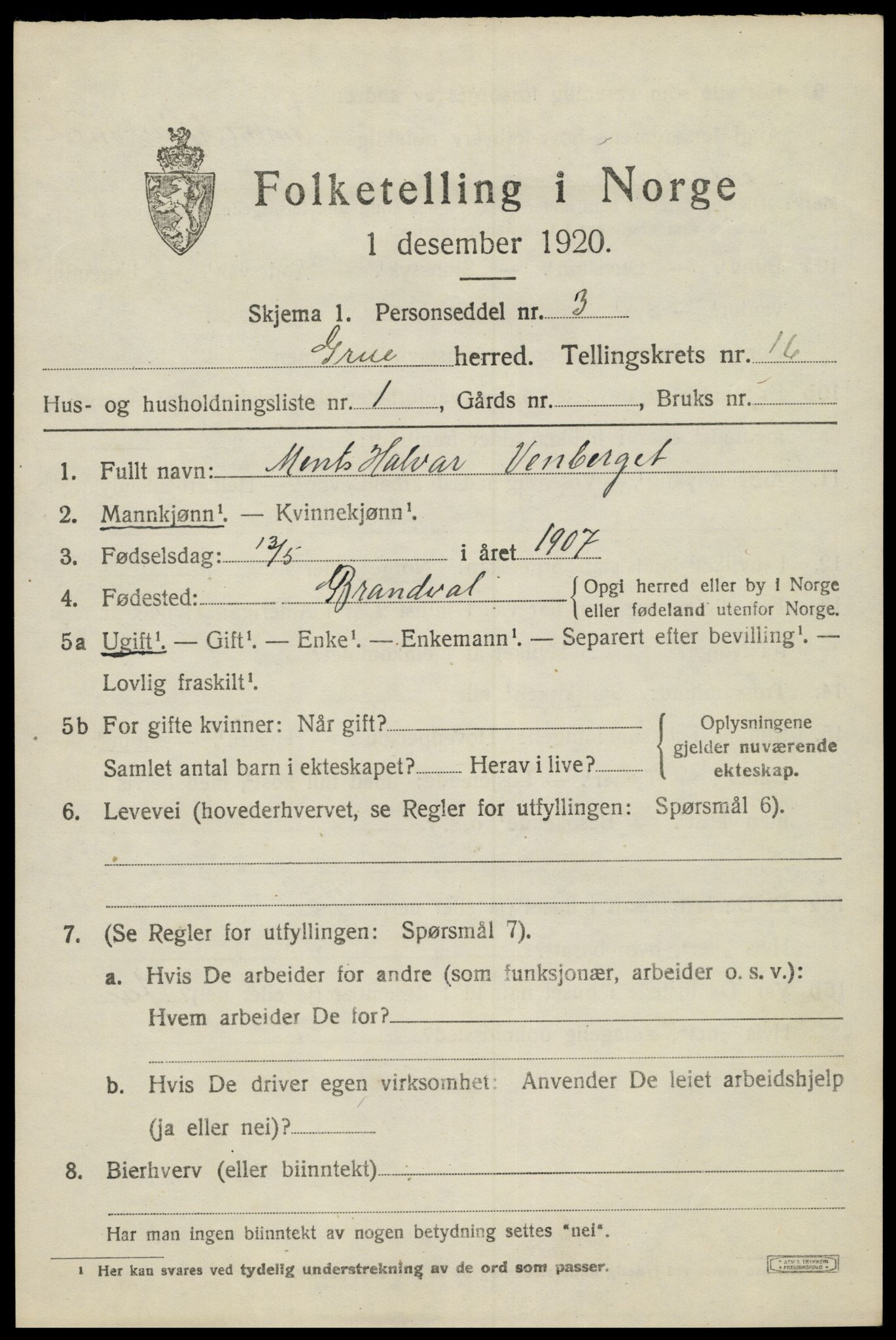 SAH, 1920 census for Grue, 1920, p. 13483