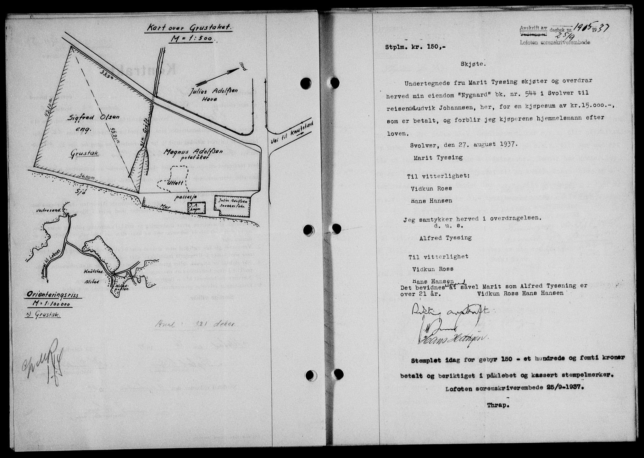 Lofoten sorenskriveri, SAT/A-0017/1/2/2C/L0002a: Mortgage book no. 2a, 1937-1937, Diary no: : 1915/1937
