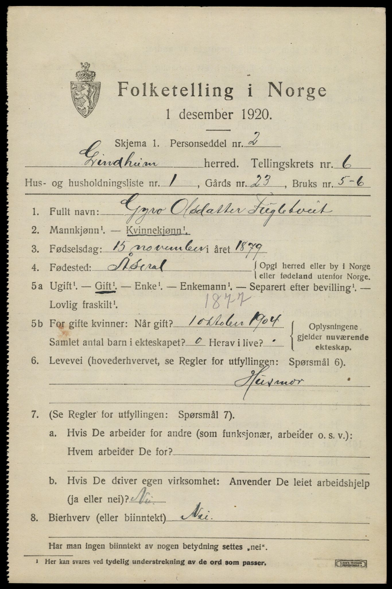 SAK, 1920 census for Grindheim, 1920, p. 1865