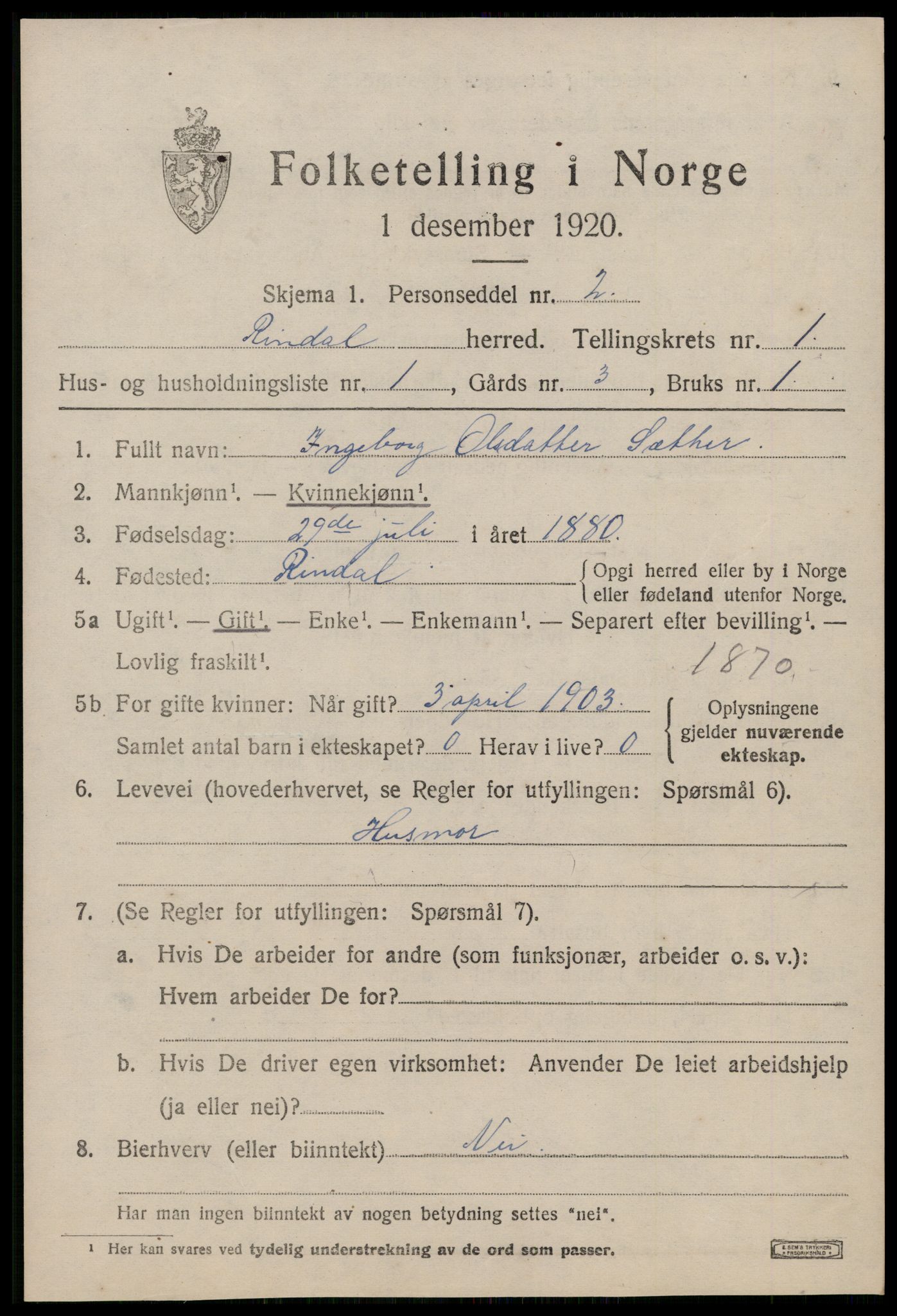 SAT, 1920 census for Rindal, 1920, p. 824