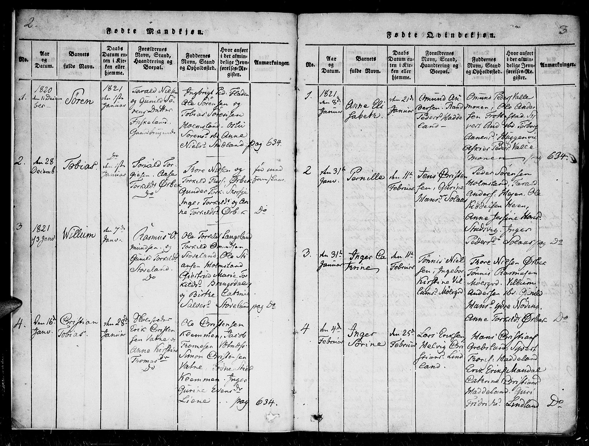 Holum sokneprestkontor, SAK/1111-0022/F/Fa/Faa/L0004: Parish register (official) no. A 4, 1820-1849, p. 2-3
