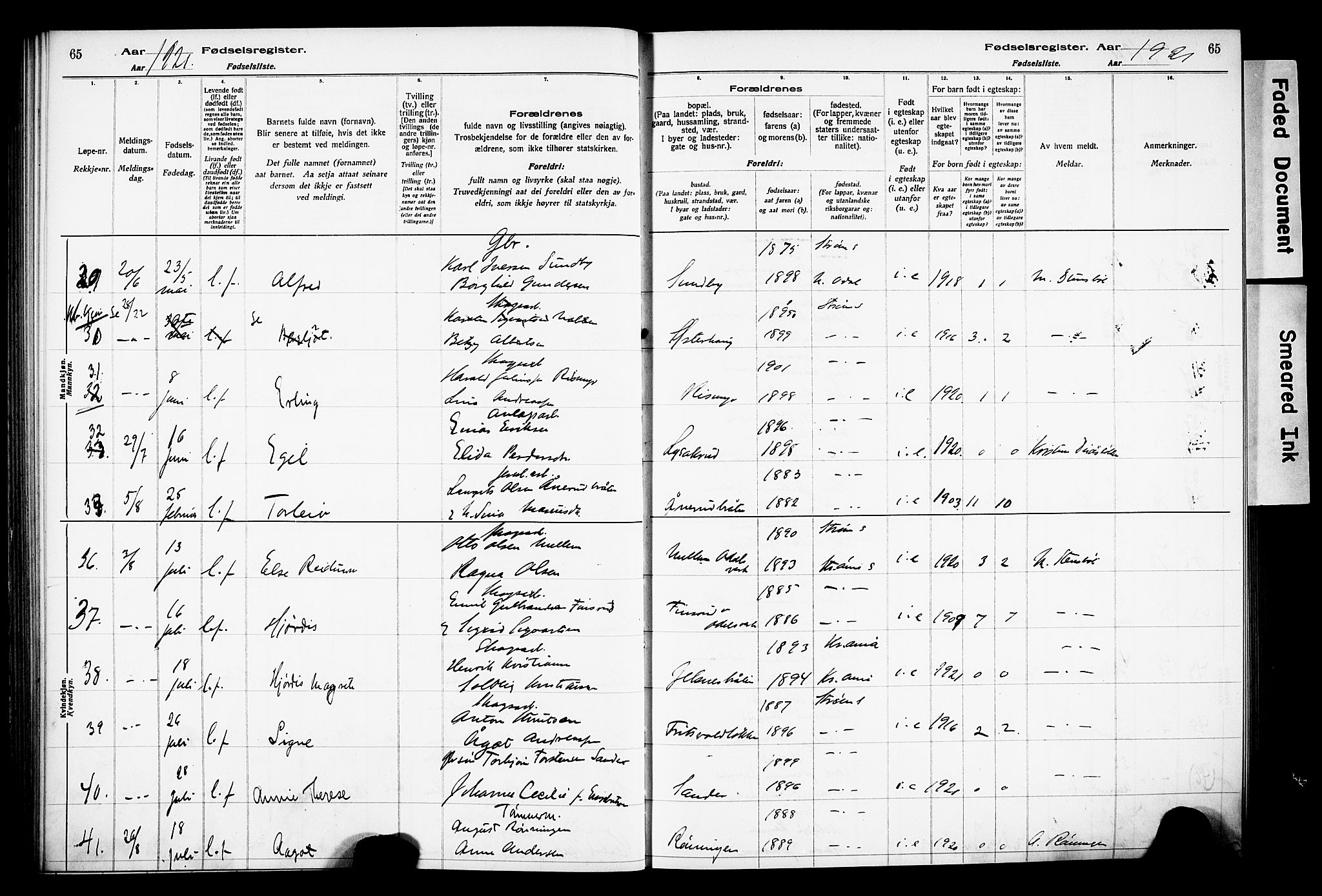 Sør-Odal prestekontor, AV/SAH-PREST-030/I/Id: Birth register no. 1, 1916-1931, p. 65