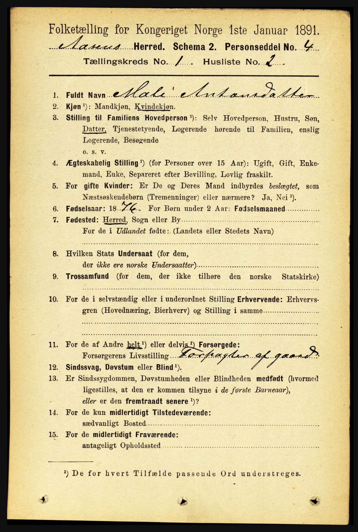 RA, 1891 census for 1716 Åsen, 1891, p. 106