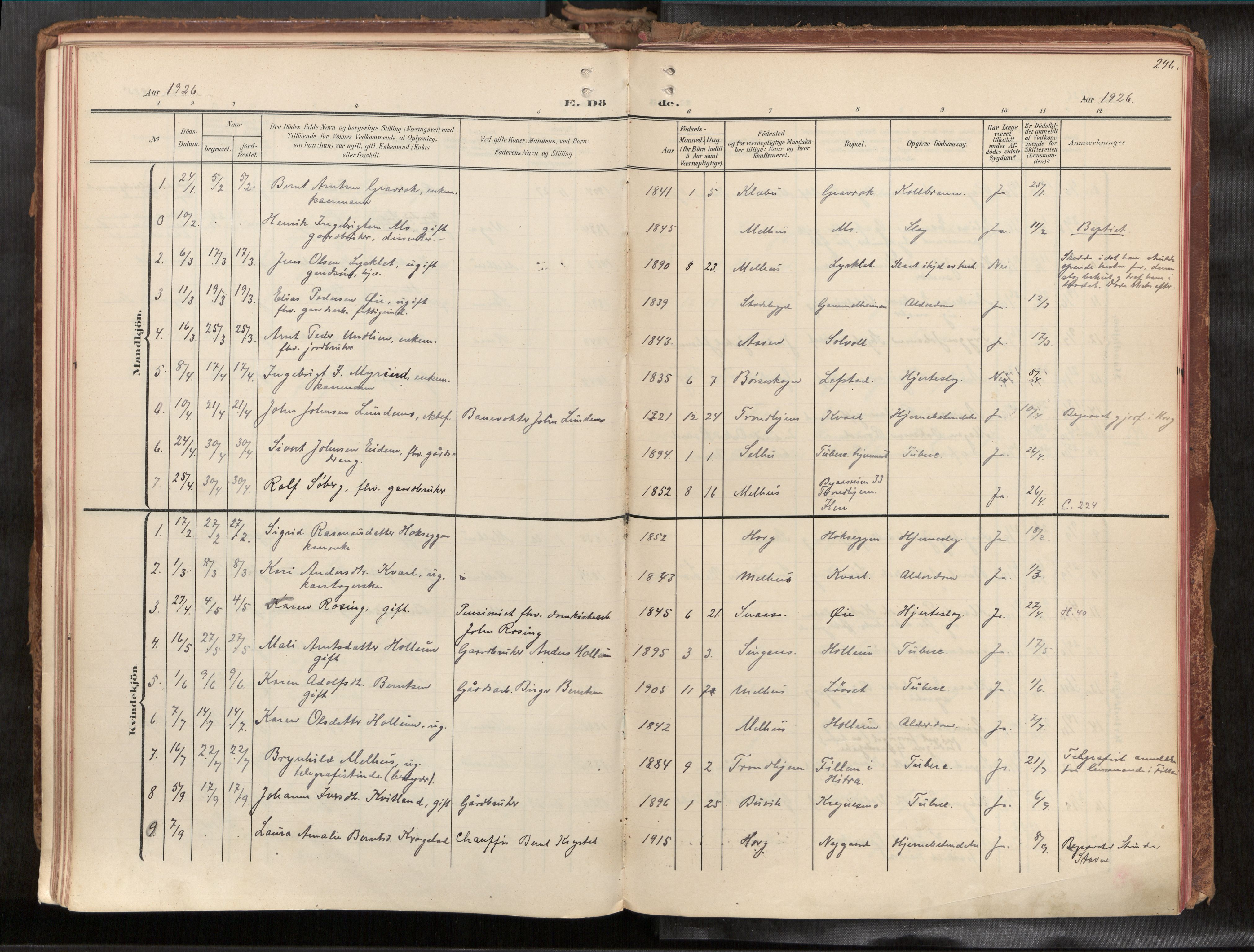 Ministerialprotokoller, klokkerbøker og fødselsregistre - Sør-Trøndelag, SAT/A-1456/691/L1085b: Parish register (official) no. 691A18, 1908-1930, p. 296