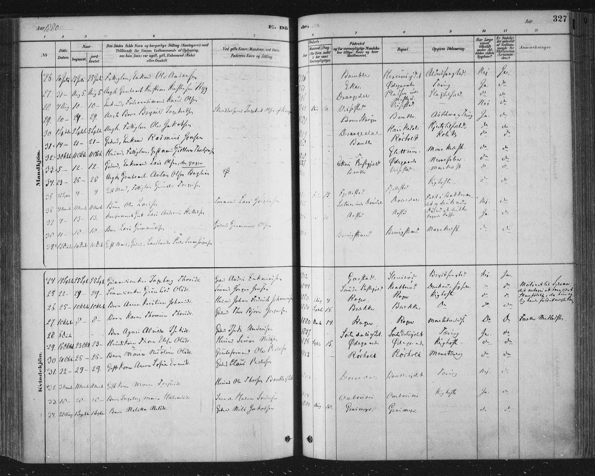 Bamble kirkebøker, SAKO/A-253/F/Fa/L0007: Parish register (official) no. I 7, 1878-1888, p. 327