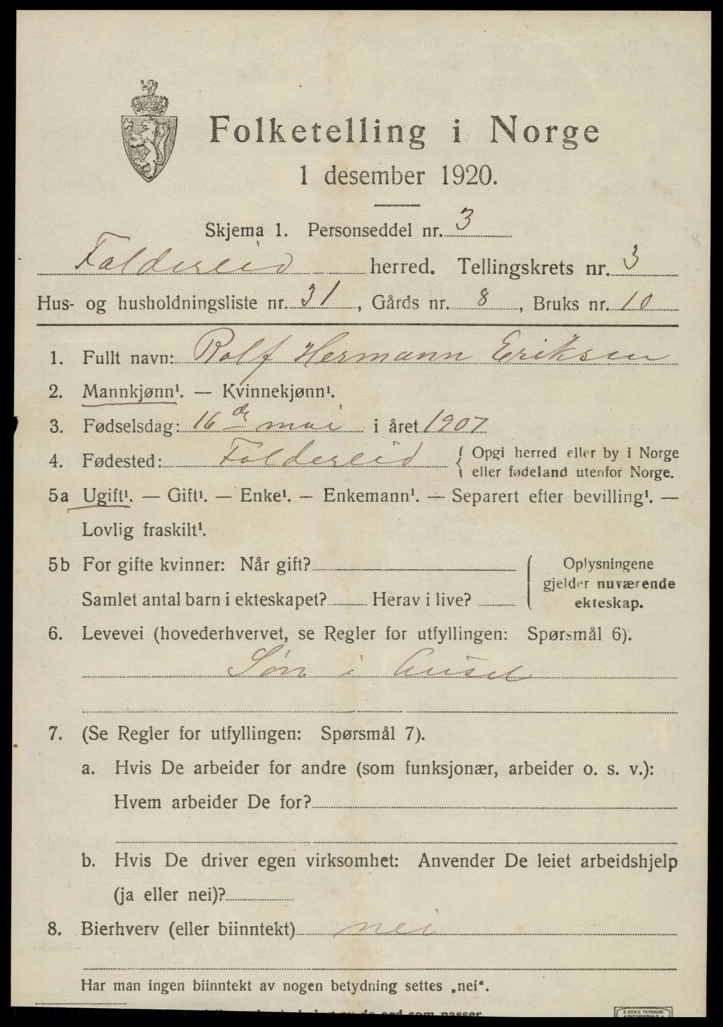 SAT, 1920 census for Foldereid, 1920, p. 1522