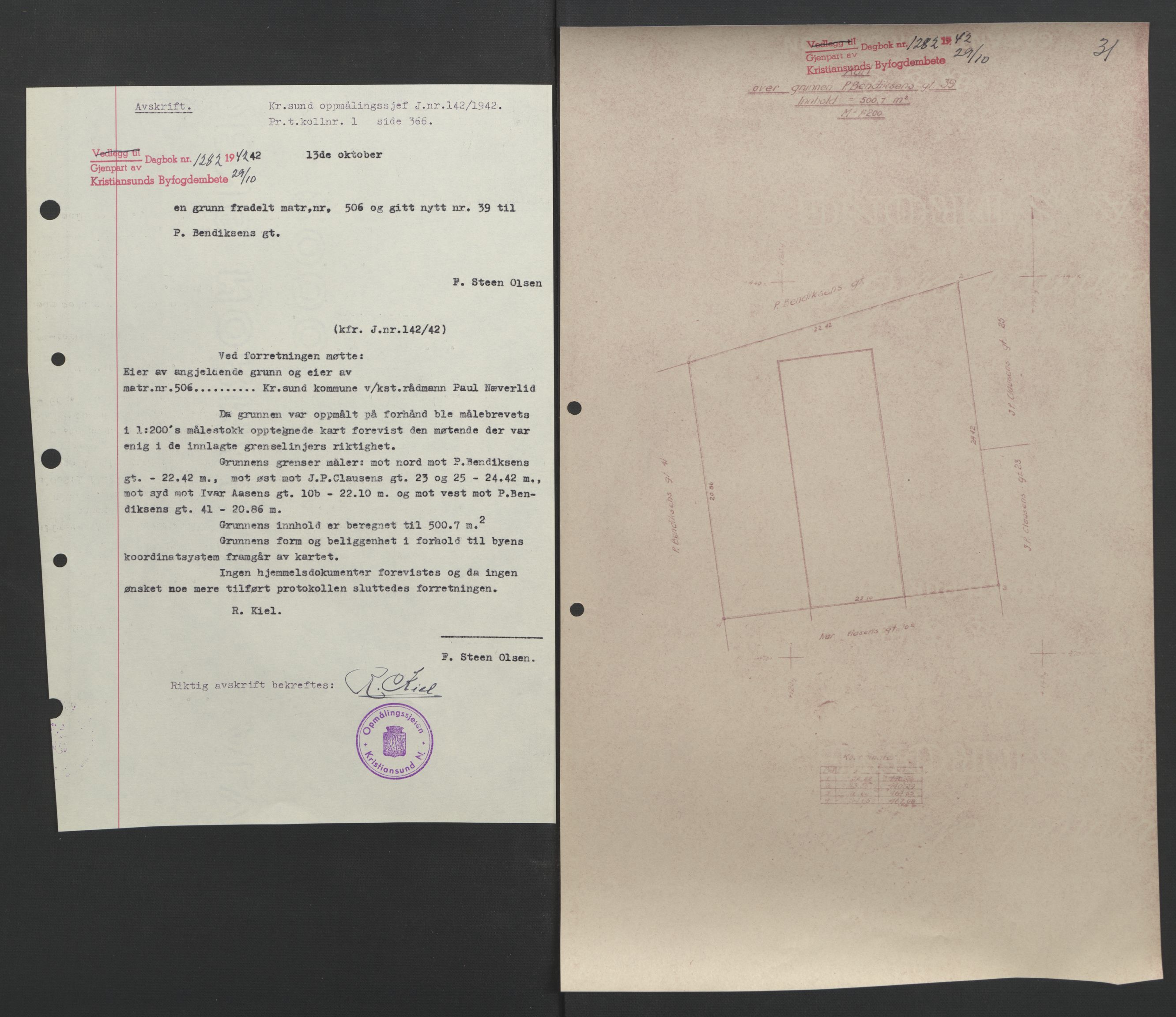 Kristiansund byfogd, AV/SAT-A-4587/A/27: Mortgage book no. 37, 1942-1945, Diary no: : 1282/1942